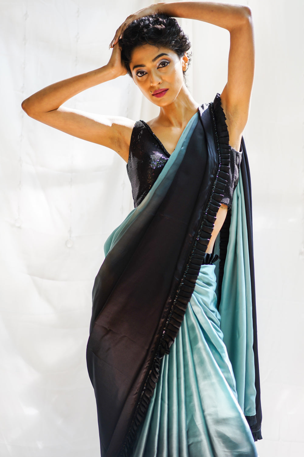Black and greyish blue shaded pure satin saree with frills and black beads border - House of Blouse