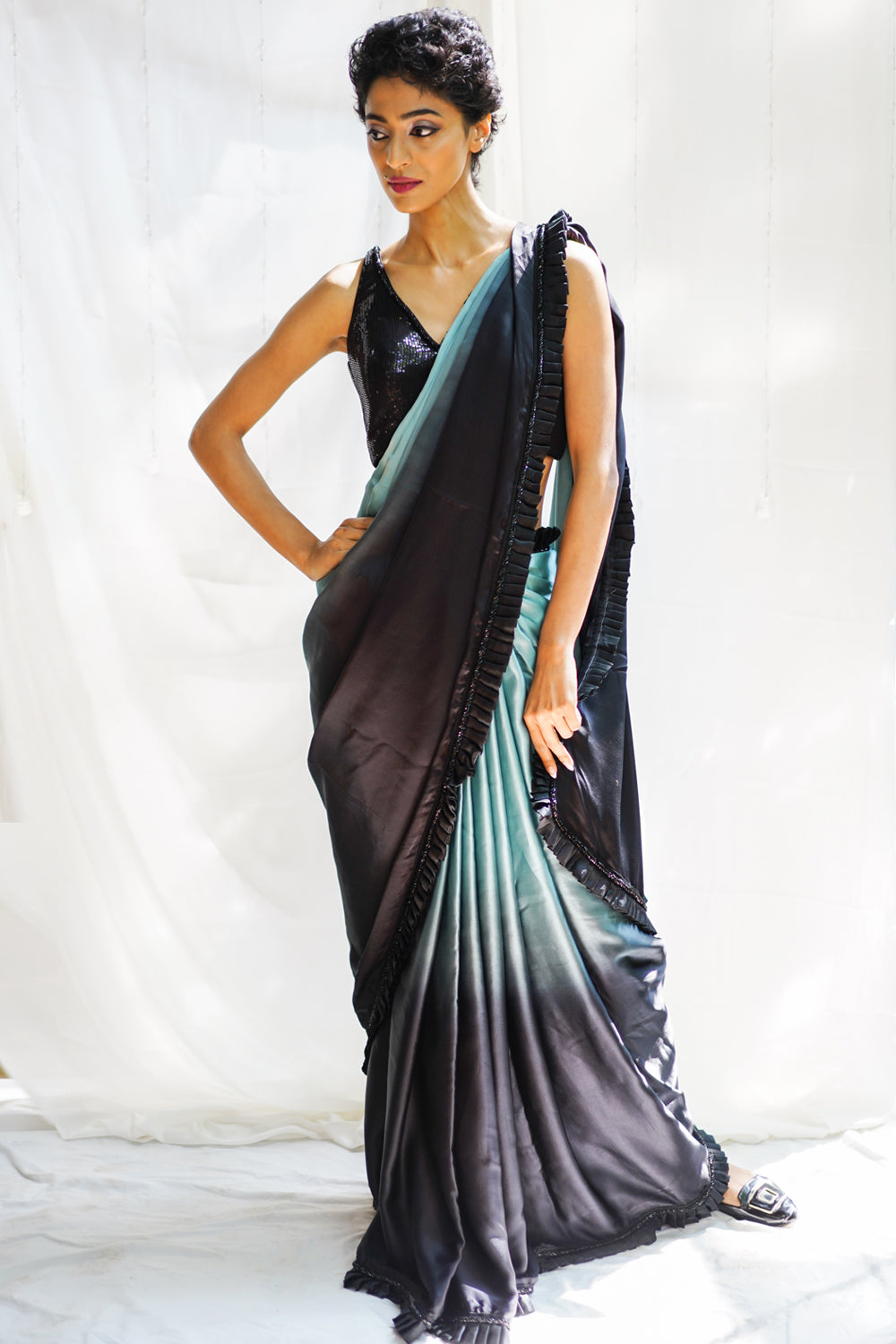 Black and greyish blue shaded pure satin saree with frills and black beads border - House of Blouse