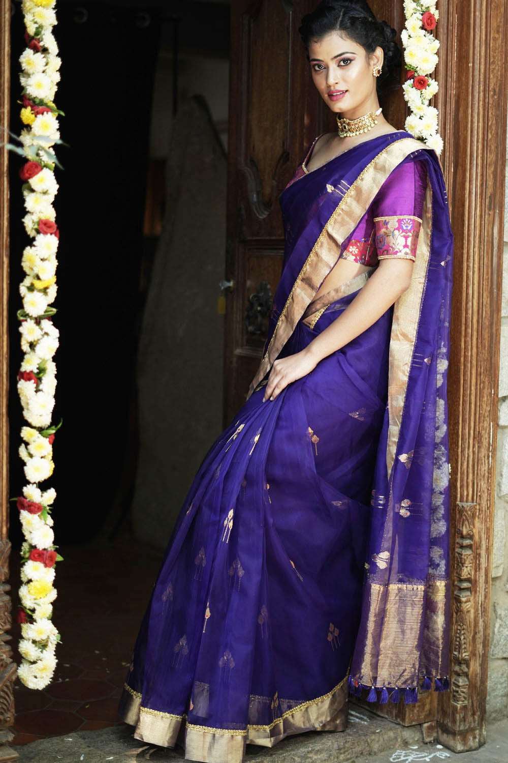 Berry blue chanderi saree with gold zari buttis and gold tissue border