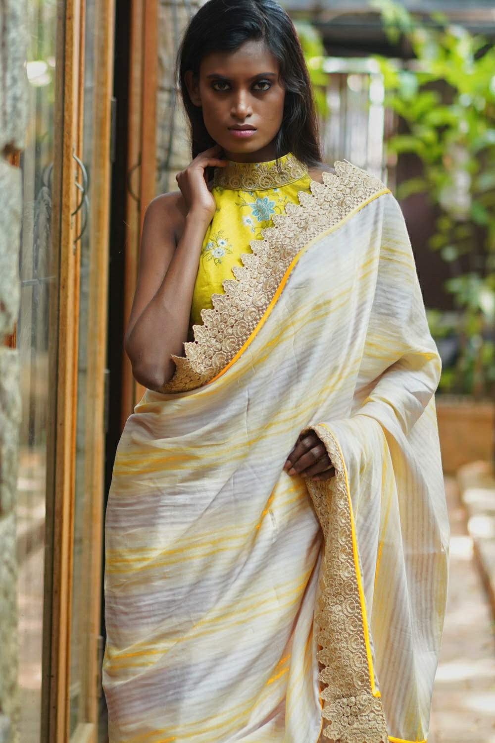 Off white and yellow stripes cotton saree with gold lace border - House of Blouse