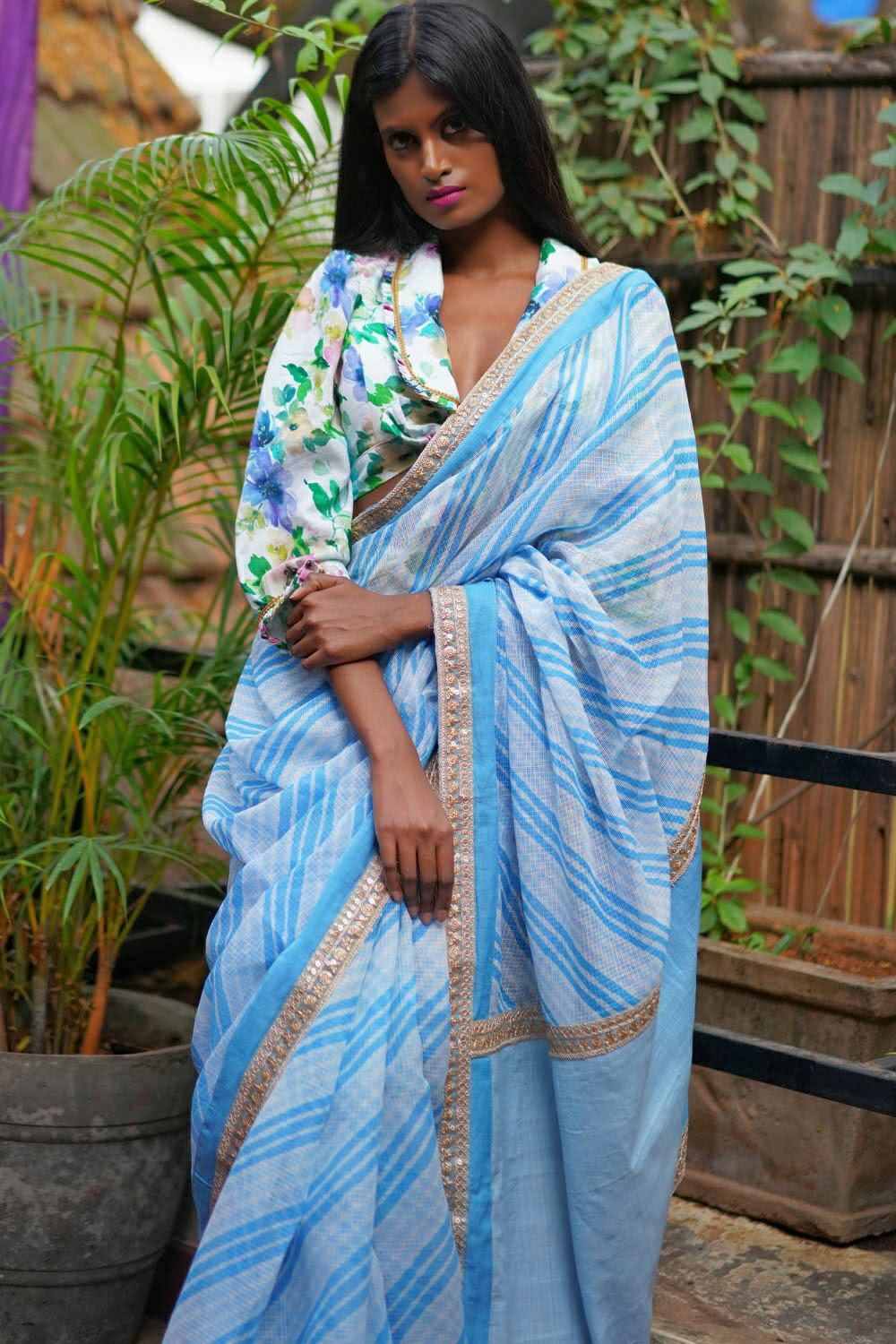 Sky blue and white handloom & hand dyed leheriya saree with gold sequin border - House of Blouse