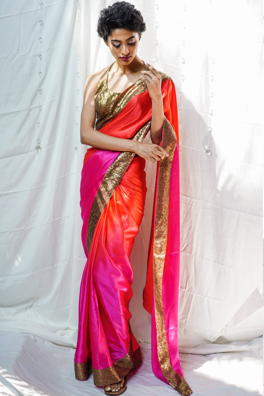 Pink and orange shaded pure satin saree with sequin border - House of Blouse