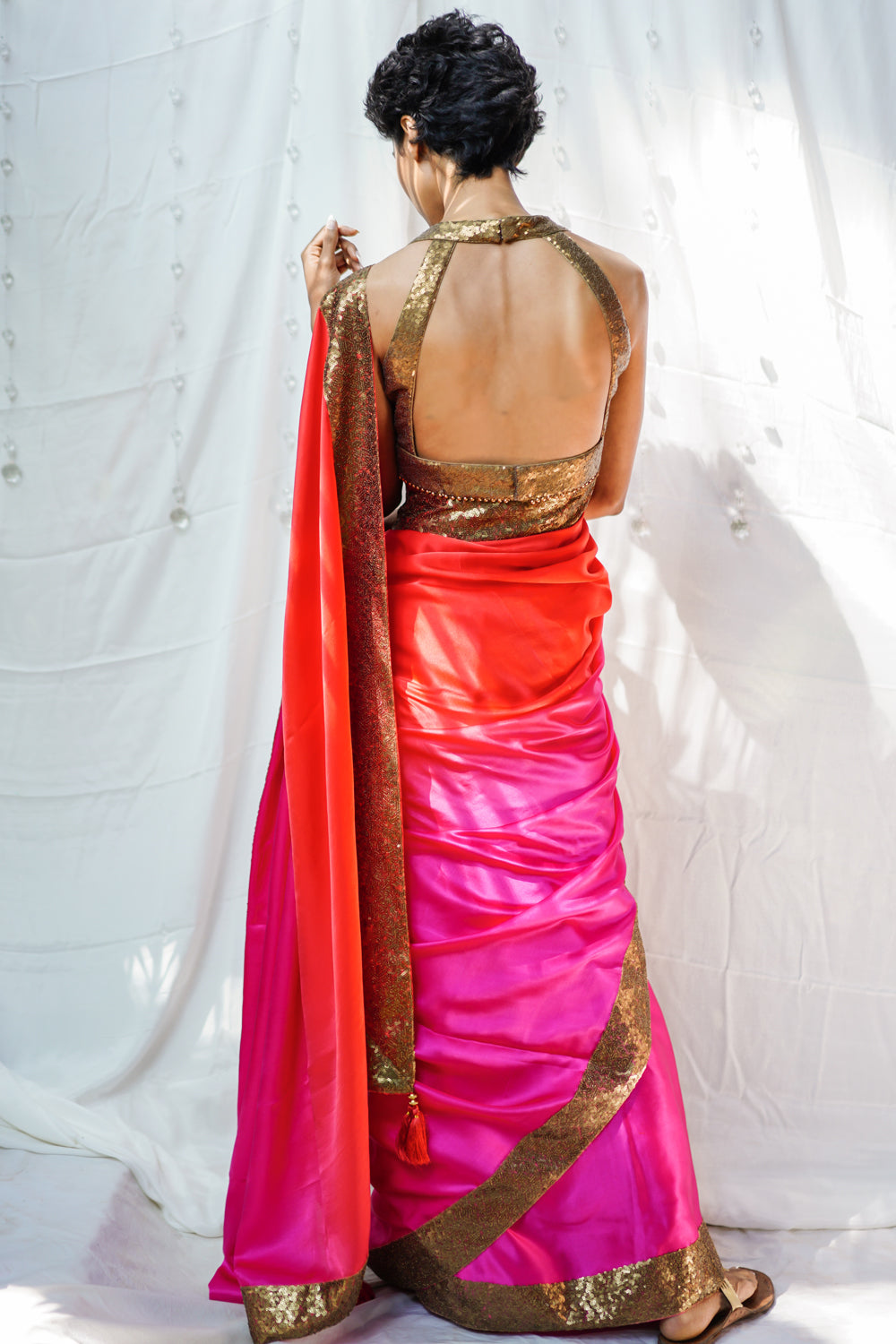 Pink and orange shaded pure satin saree with sequin border - House of Blouse