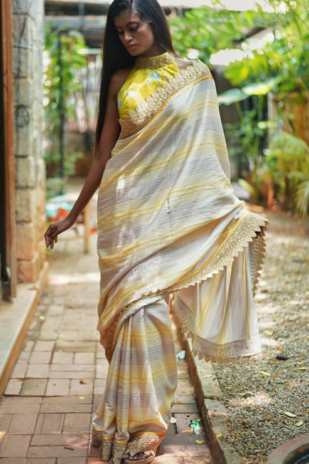 Off white and yellow stripes cotton saree with gold lace border - House of Blouse