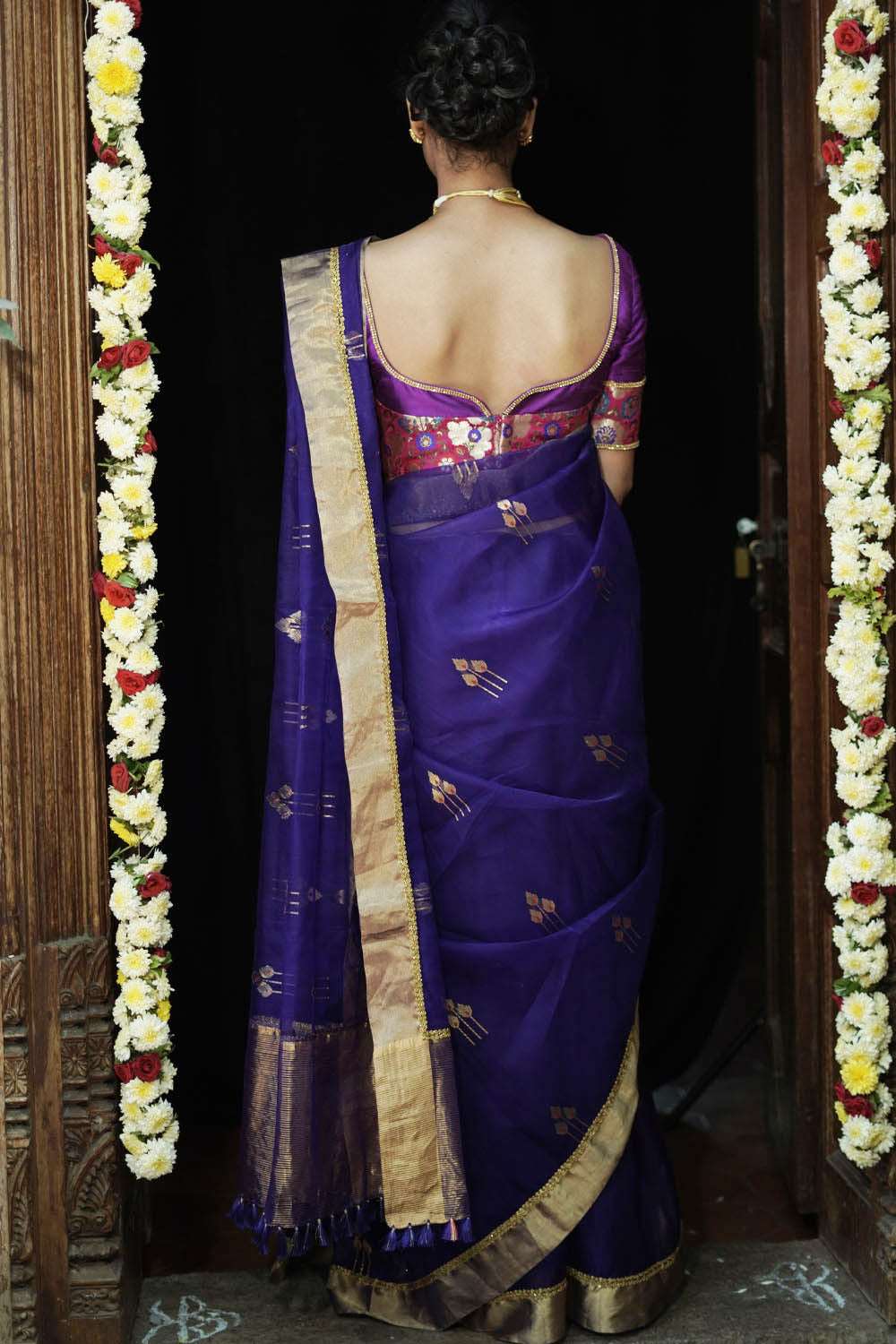 Berry blue chanderi saree with gold zari buttis and gold tissue border