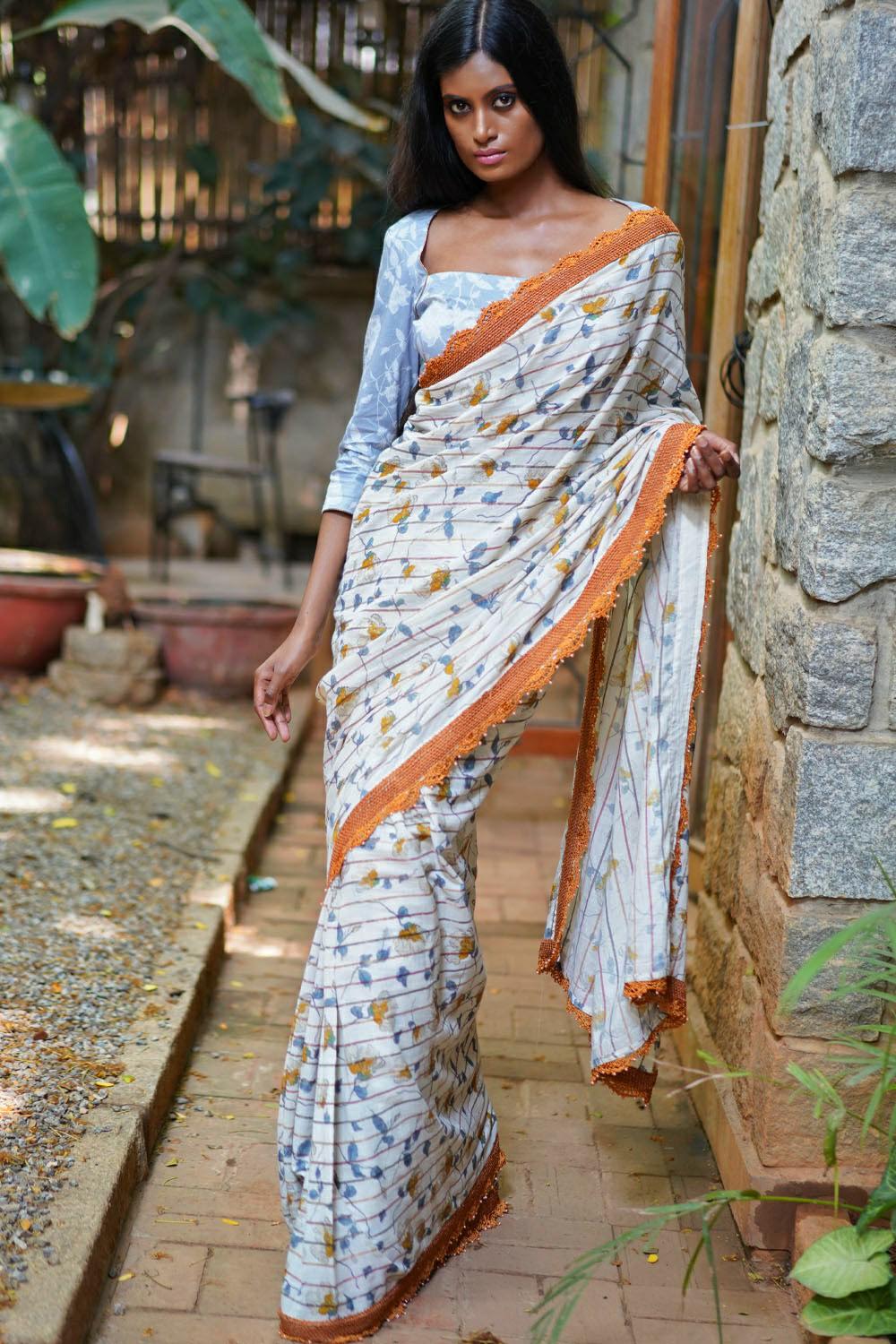 Off white and mustard floral muslin cotton saree with crochet border - House of Blouse