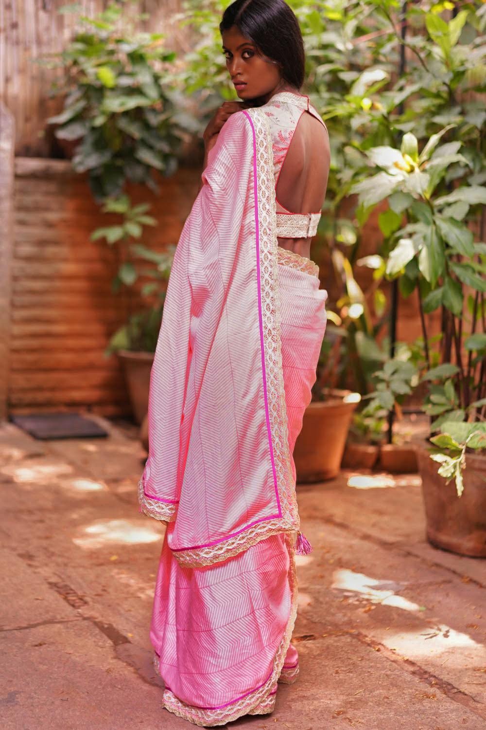 Peach stripe cotton saree with Dull gold filigree and dark pink border - House of Blouse