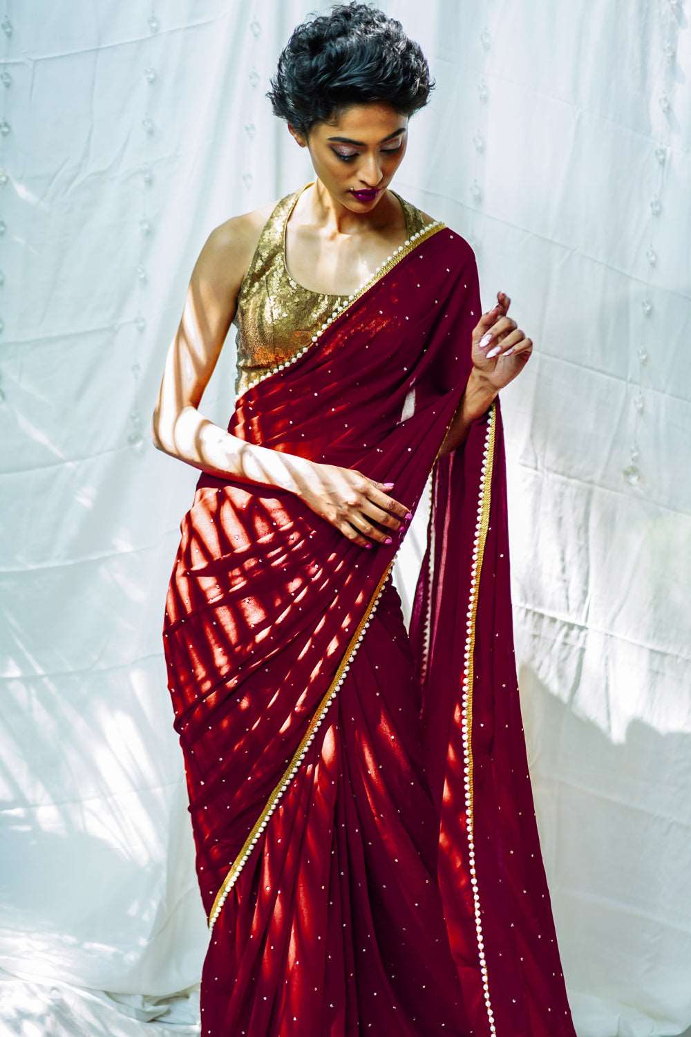 Red,Golden Bridal Wedding Saree Stone Work Saree, Size: Full