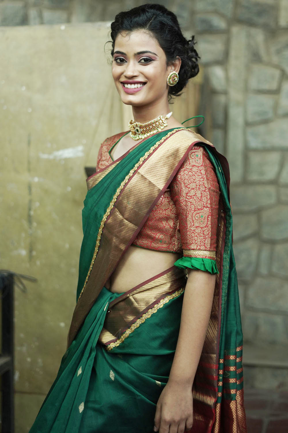 Pine green maheshwari silk saree with lace and gold border