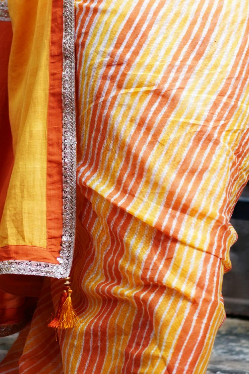 Orange yellow handloom & hand dyed leheriya saree with gold sequin border - House of Blouse