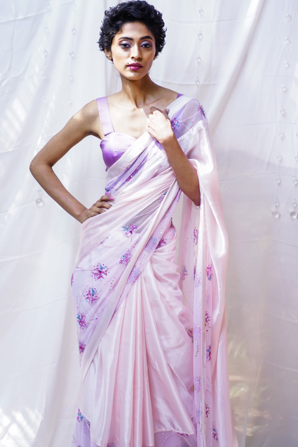 Baby pink pure satin saree with embroidered net and satin border. - House of Blouse