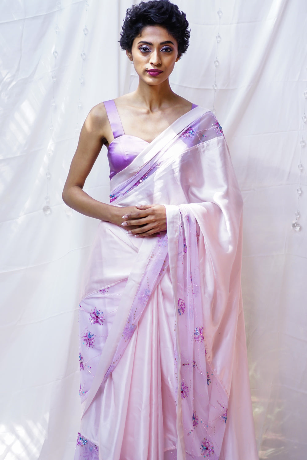 Baby pink pure satin saree with embroidered net and satin border. - House of Blouse