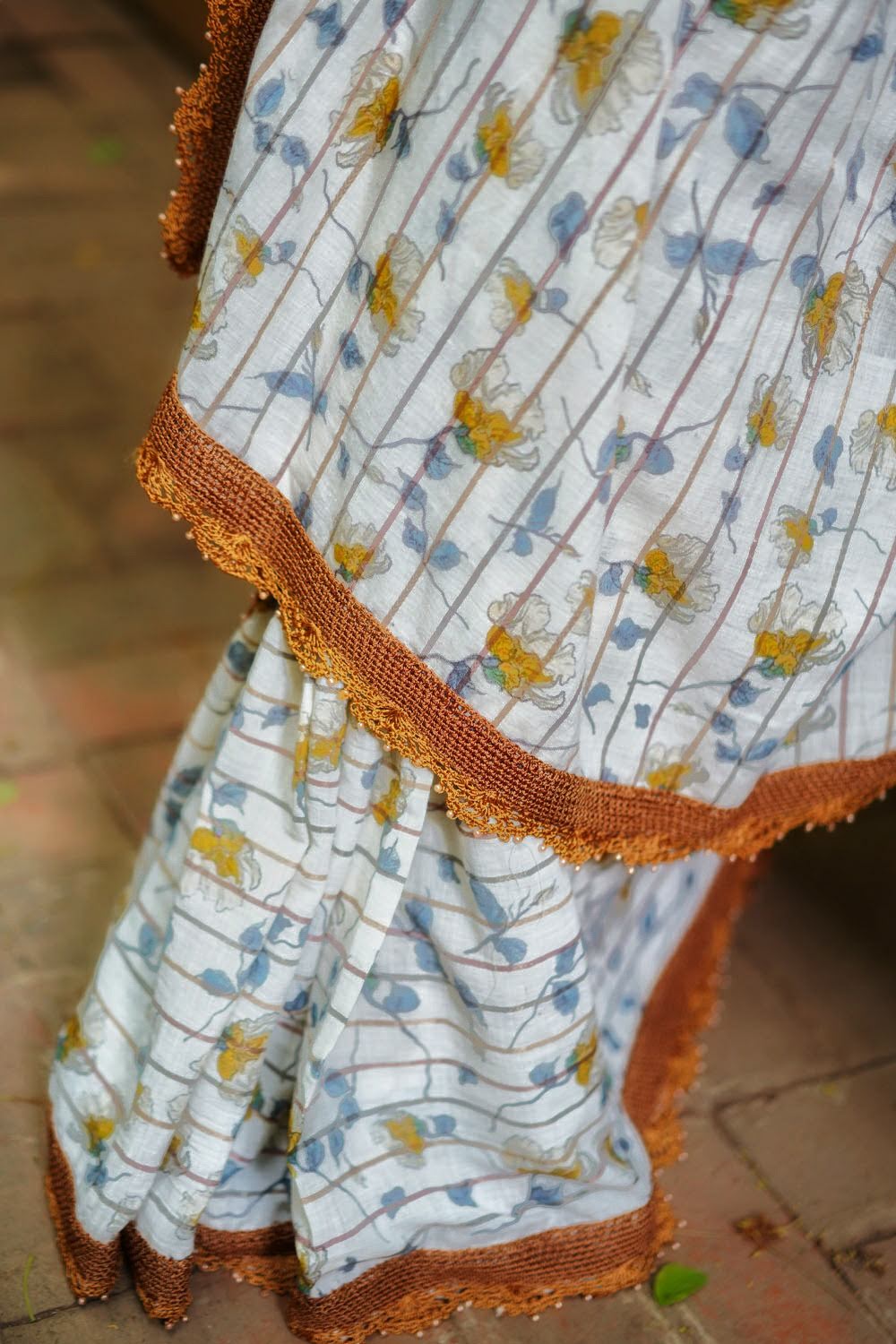Off white and mustard floral muslin cotton saree with crochet border - House of Blouse
