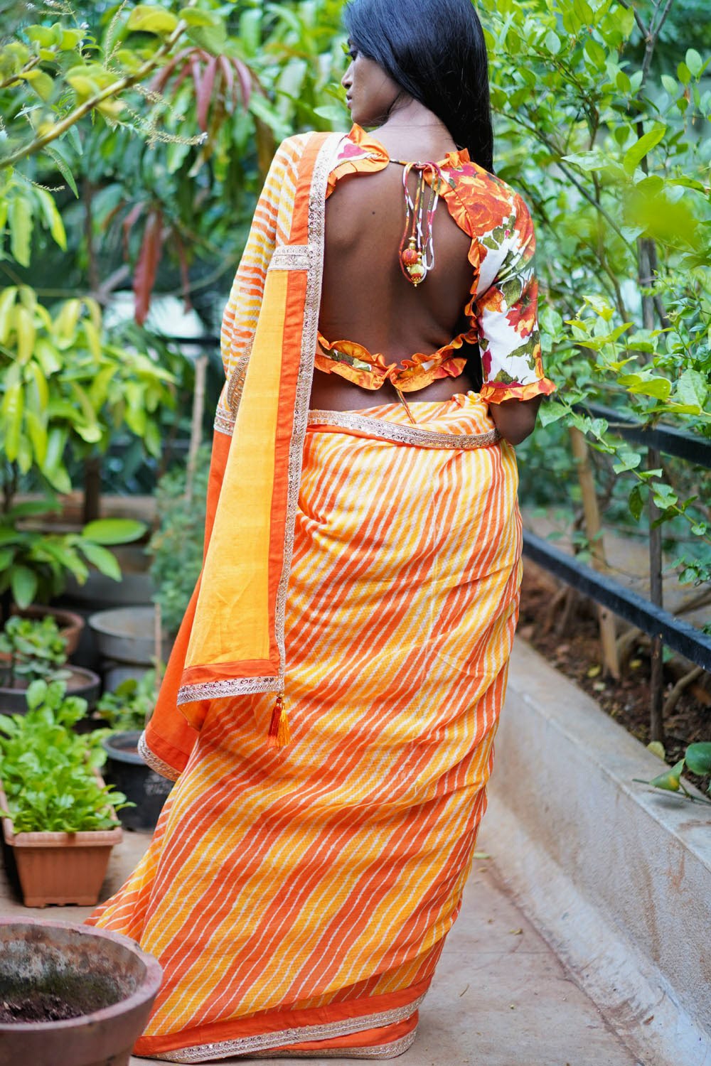 Orange yellow handloom & hand dyed leheriya saree with gold sequin border - House of Blouse