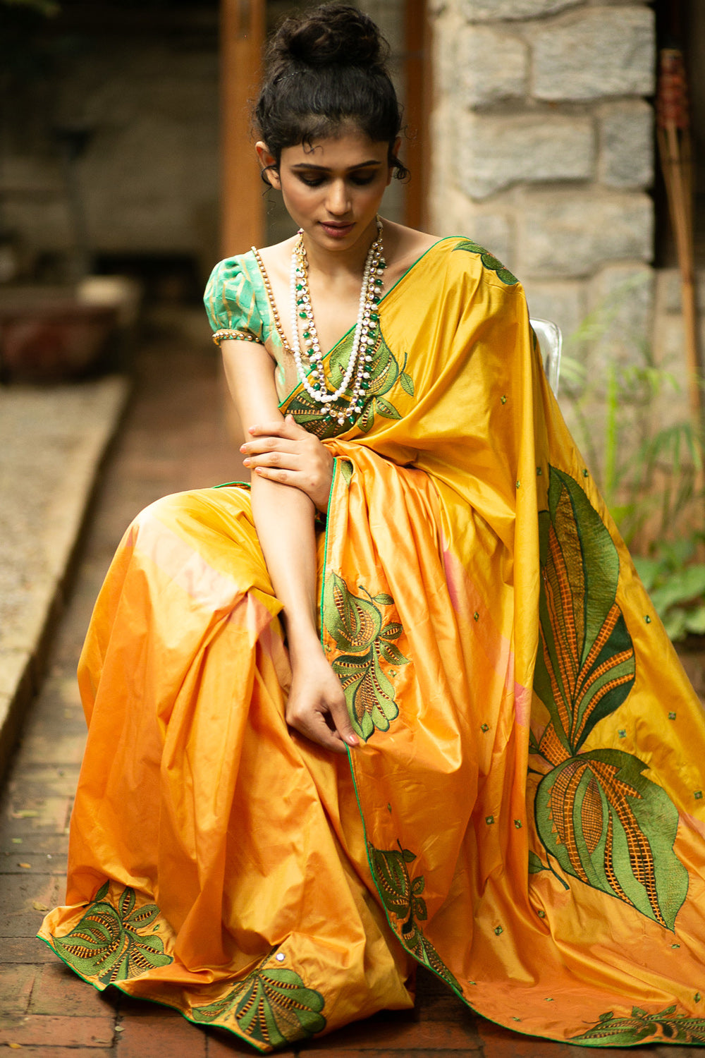 Mustard yellow silk saree with green cutwork embroidery and mirrorwork on pallu - House of Blouse