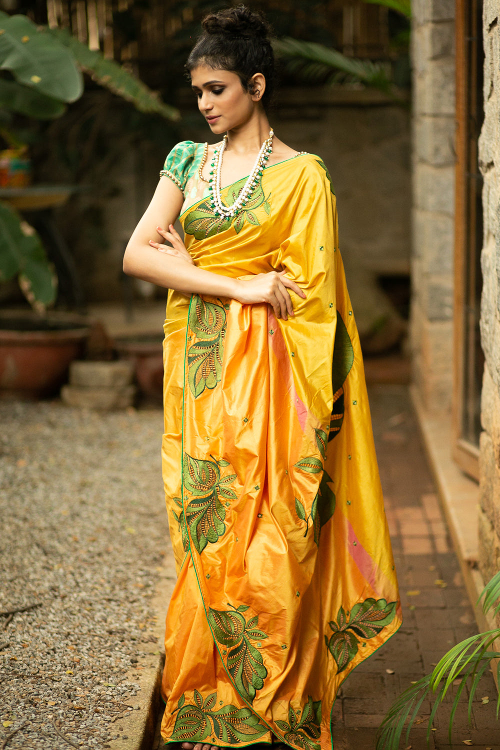 Mustard yellow silk saree with green cutwork embroidery and mirrorwork on pallu - House of Blouse