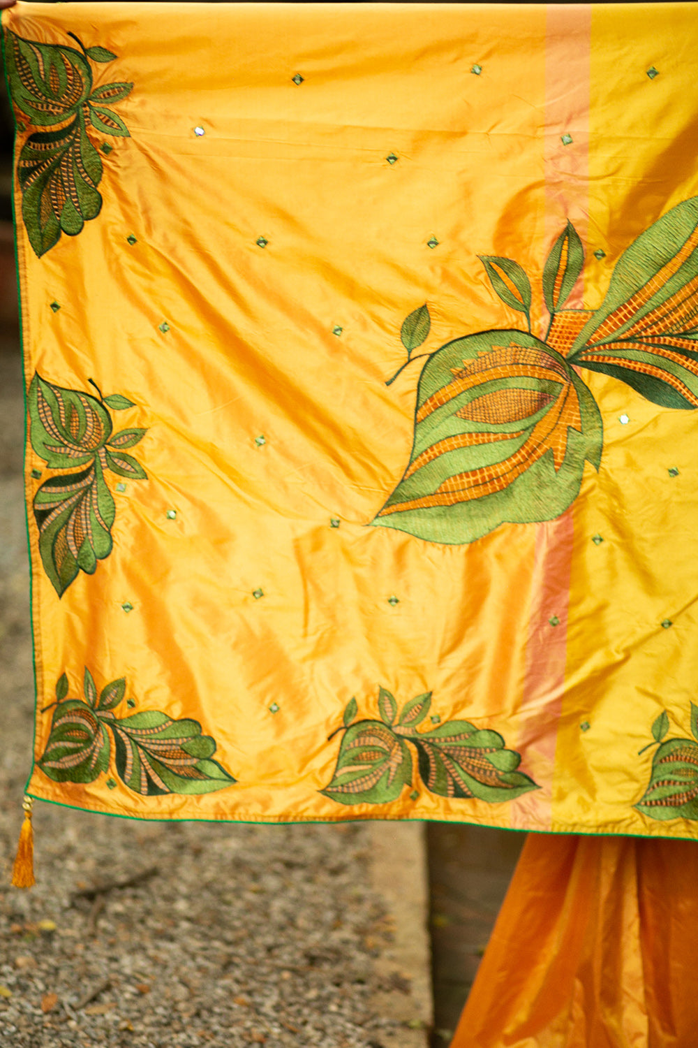 Mustard yellow silk saree with green cutwork embroidery and mirrorwork on pallu - House of Blouse