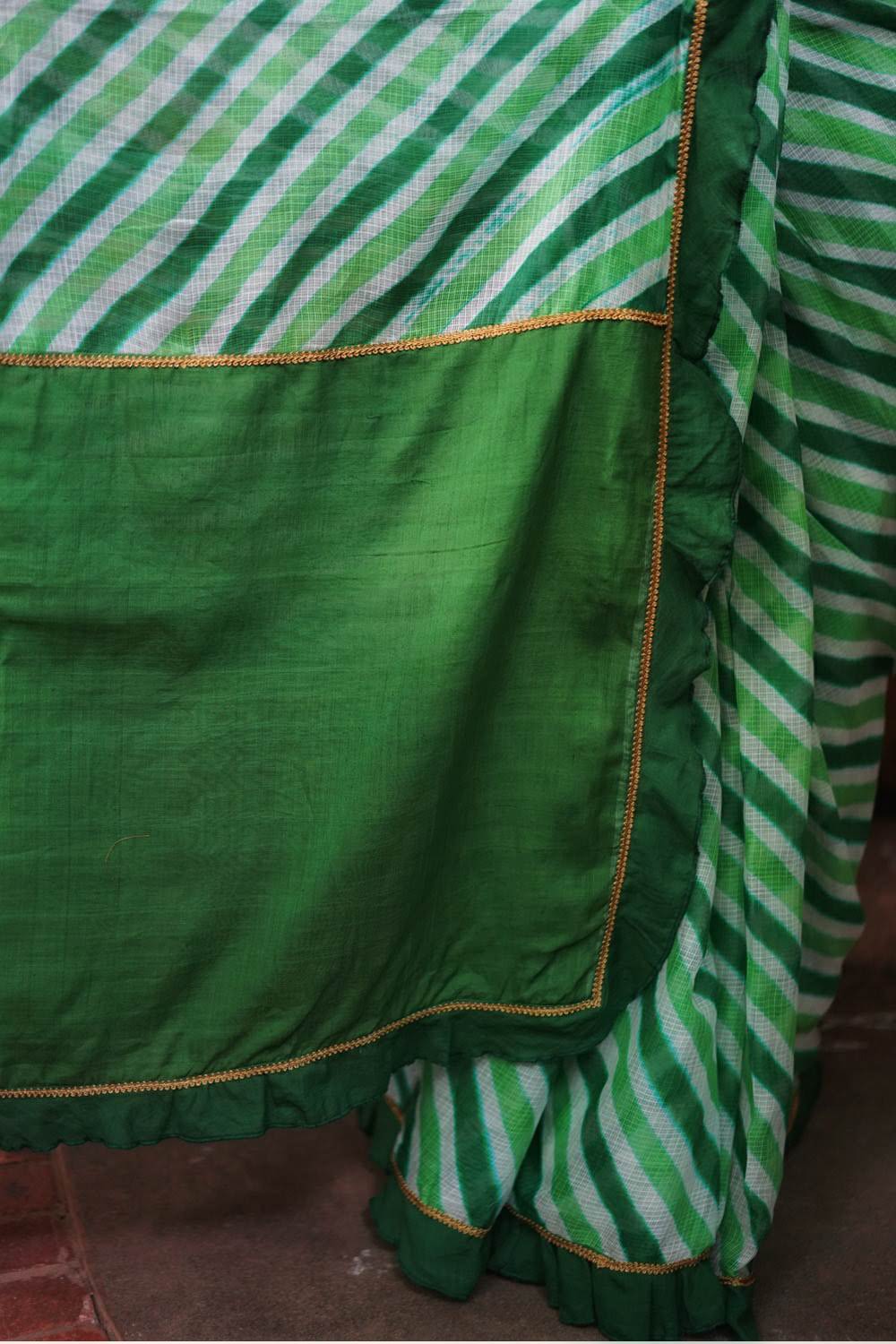 Leaf green and white handloom & hand dyed with ruffle leheriya saree - House of Blouse