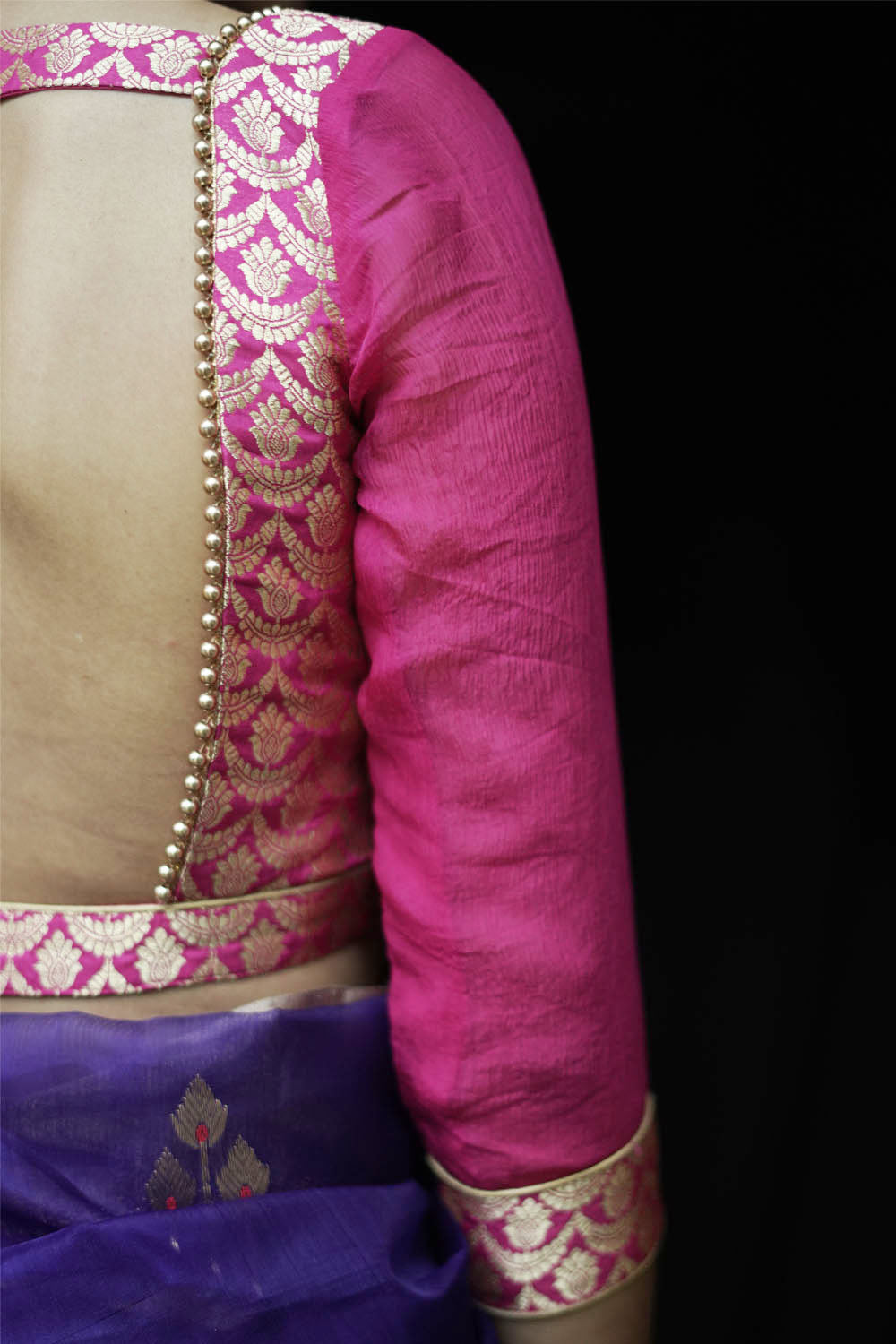 Hot pink deep square neck banarasi brocade blouse with chiffon sleeves