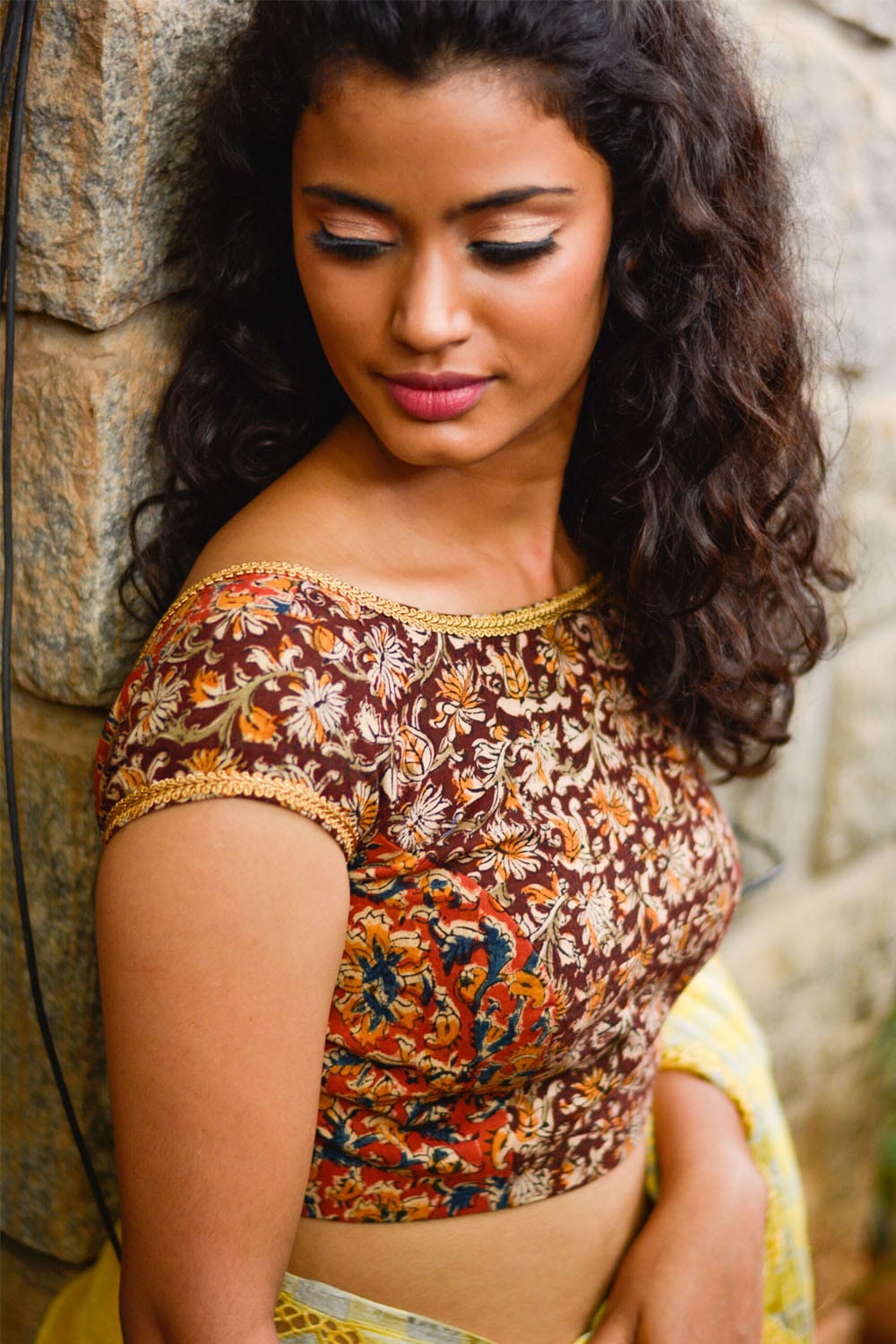 Maroon and Brown cotton kalamkari close neck blouse with gold border