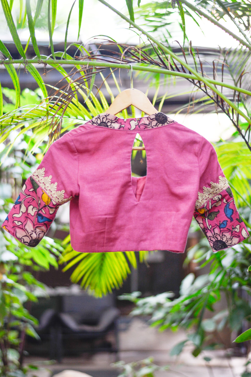 Rose pink handloom cotton with hand painted kalamkari pot neck blouse