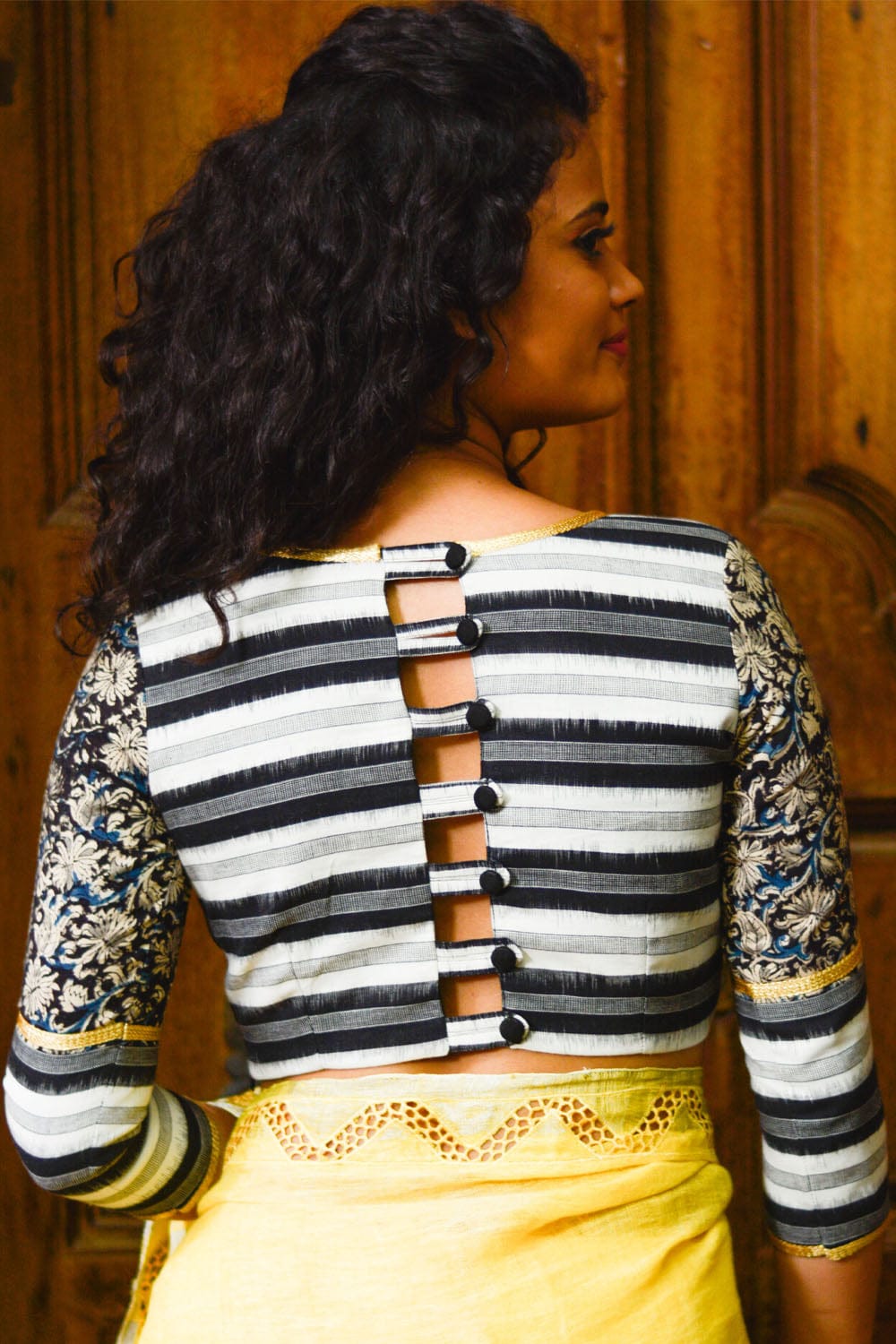 Black and white striped Ikat cotton Hi neck blouse