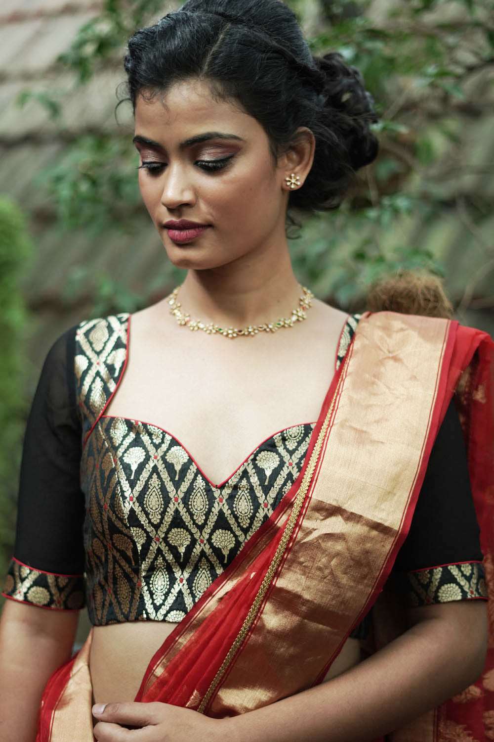 Black banarasi brocade sweetheart neck blouse with chiffon sleeves
