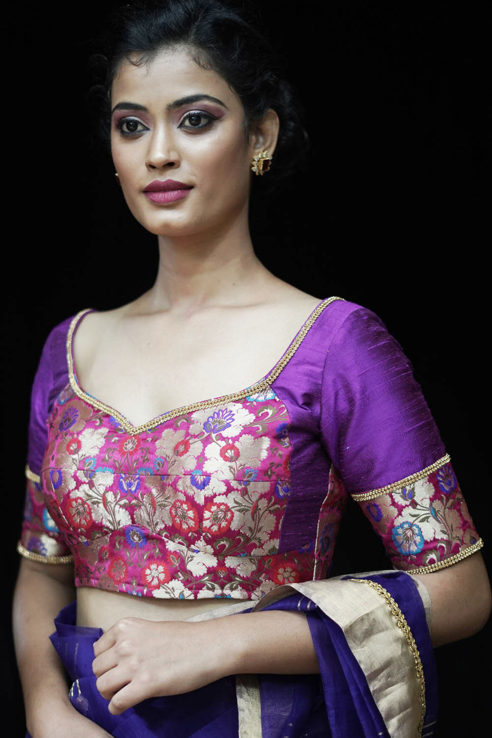 Dark pink floral banarasi brocade with purple rawsilk sweetheart neck blouse