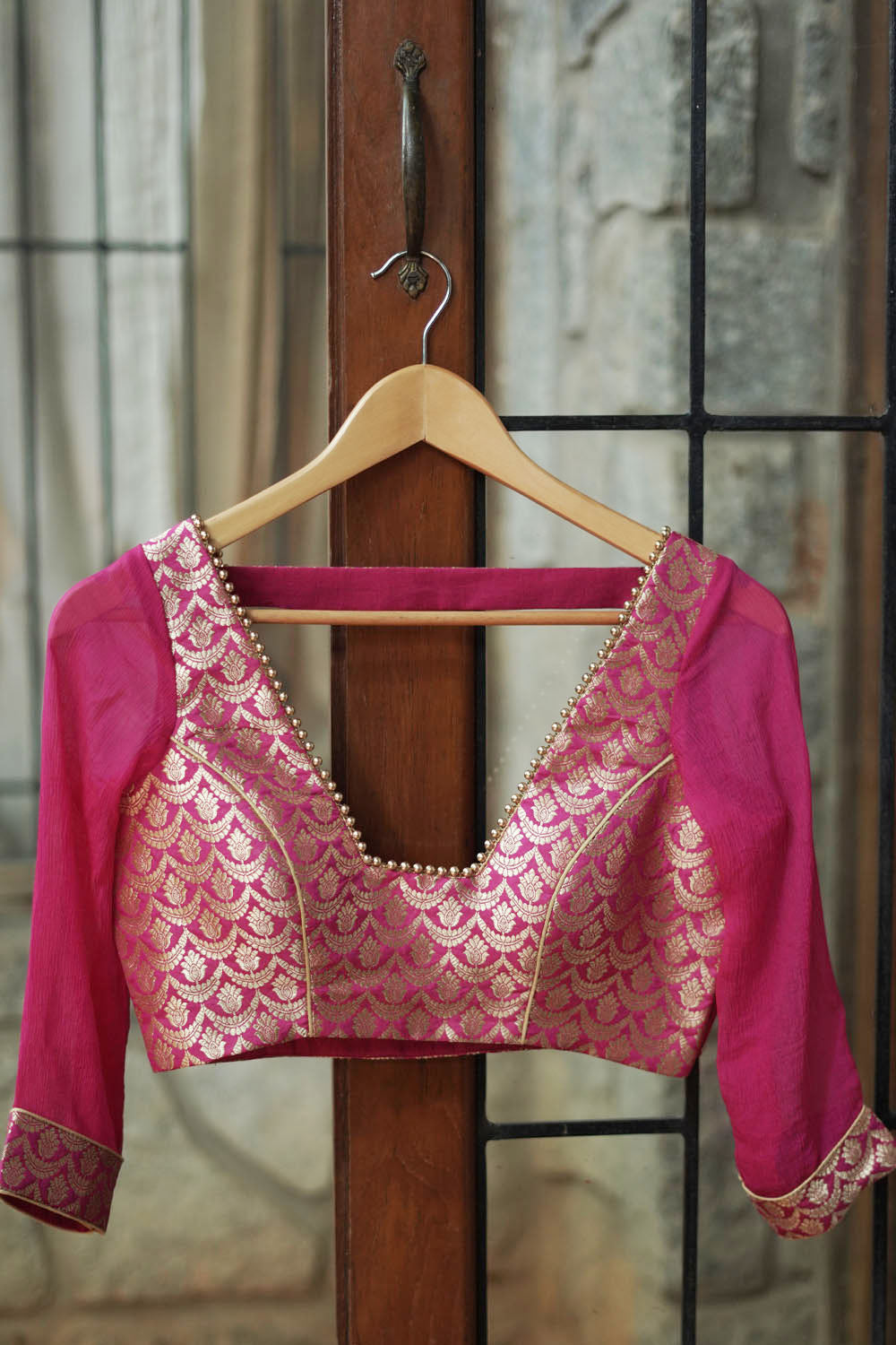 Hot pink deep square neck banarasi brocade blouse with chiffon sleeves