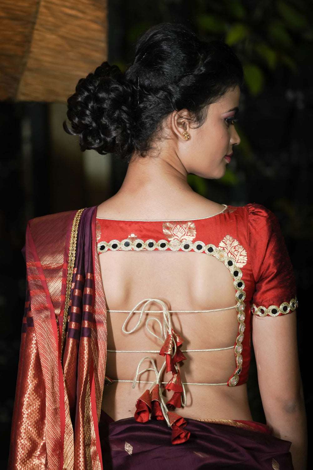 Crimson brocade blouse with raw silk sleeves and back detailing