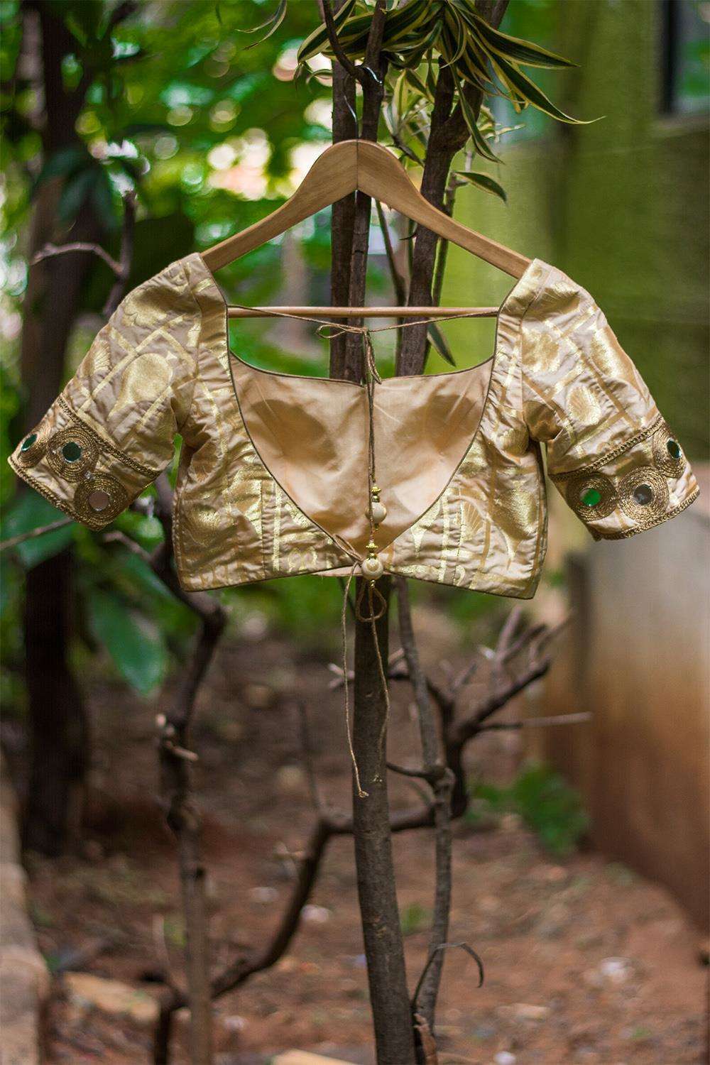 Beige brocade double tie back blouse with mirror work border - House of Blouse