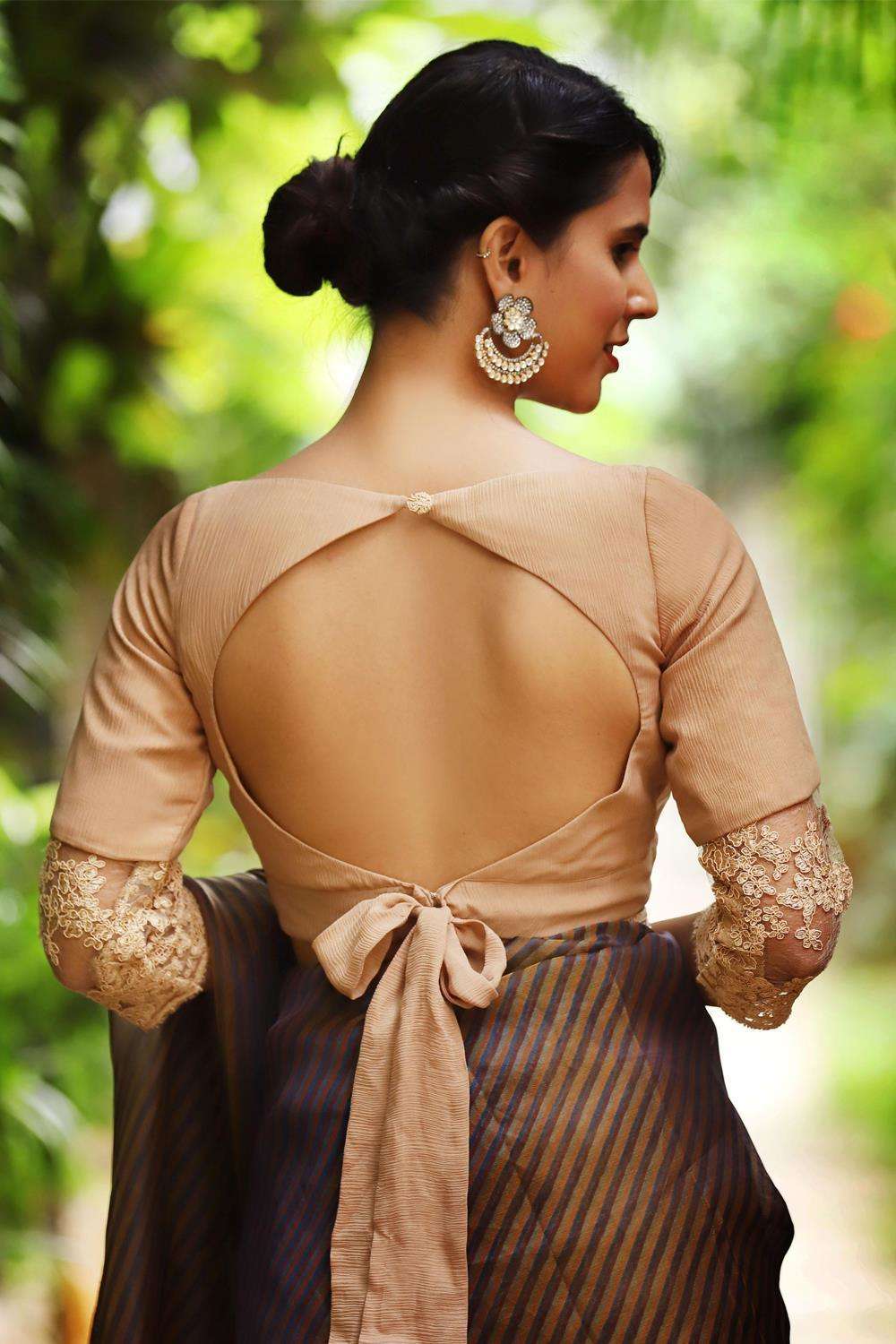 Beige chiffon blouse with chiffon and lace sleeve