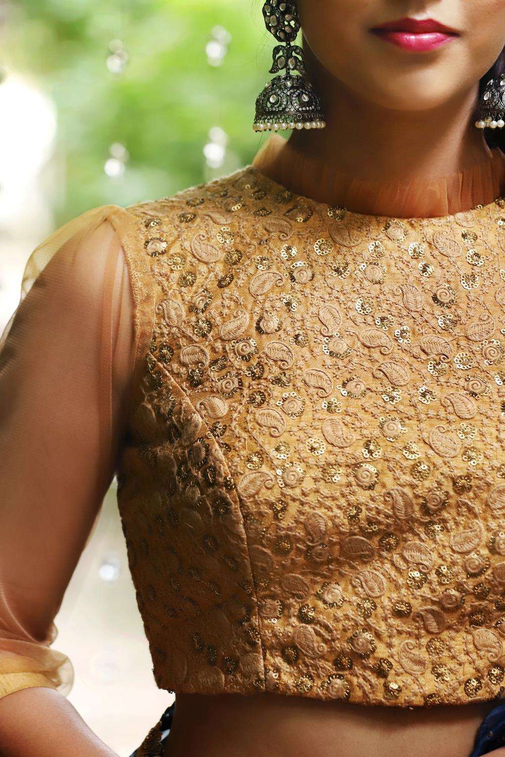 Beige gold embroidered cotton with sheer puff sleeves and frill detailing - House of Blouse