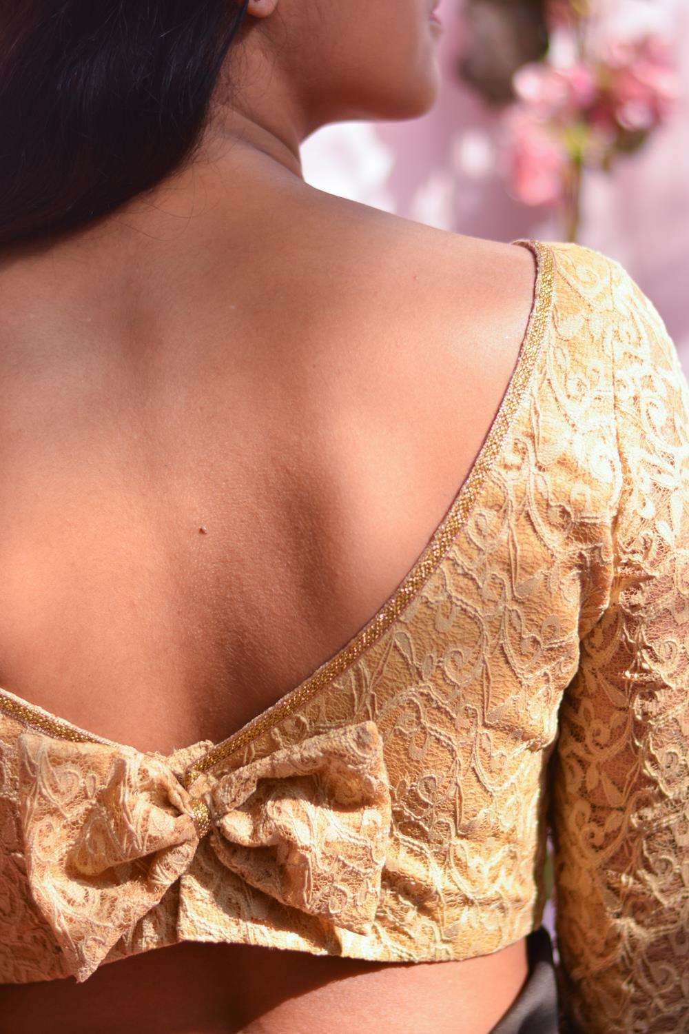 Beige lace V neck full sleeves blouse with back detailing - House of Blouse