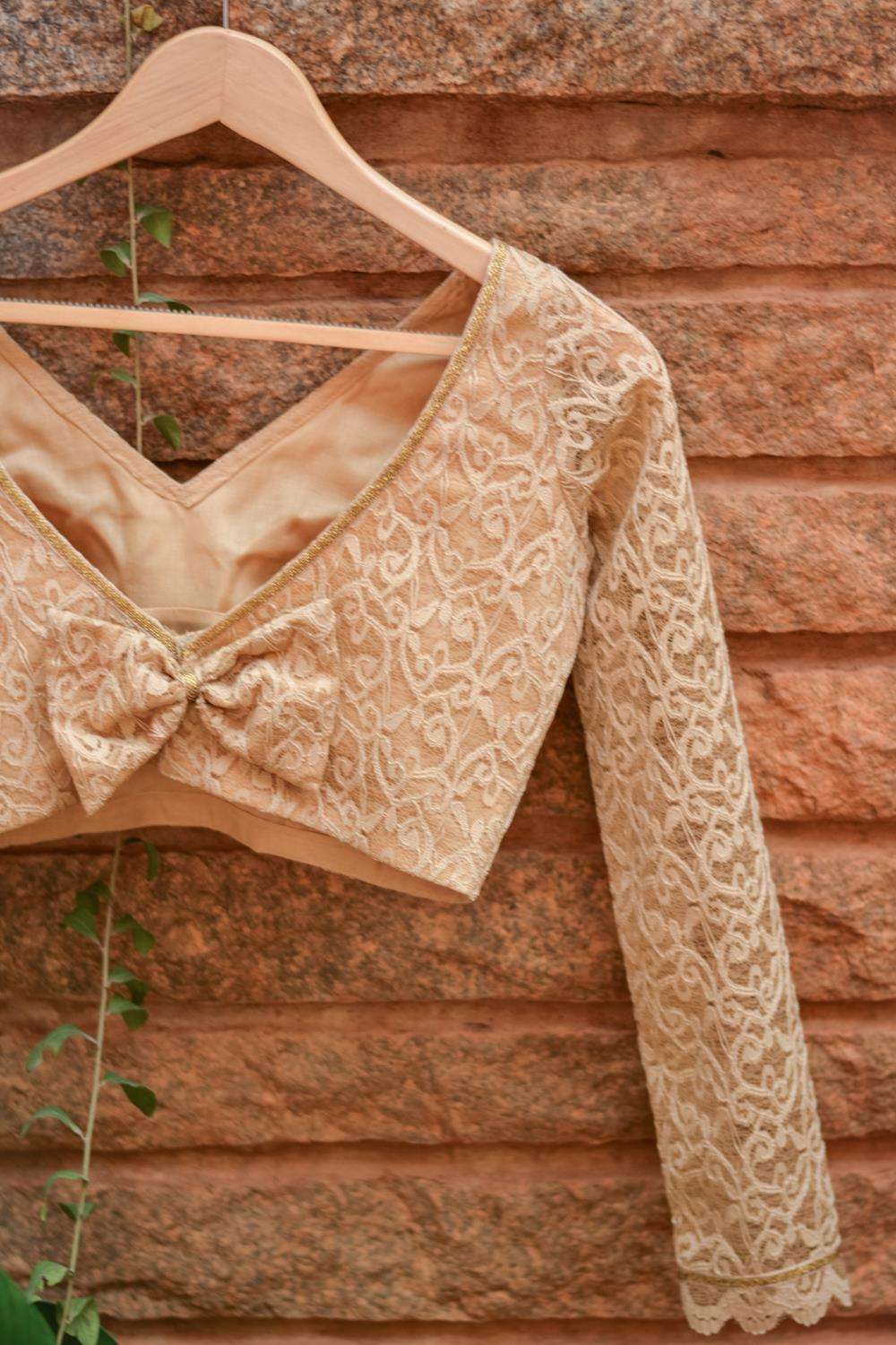Beige lace V neck full sleeves blouse with back detailing - House of Blouse