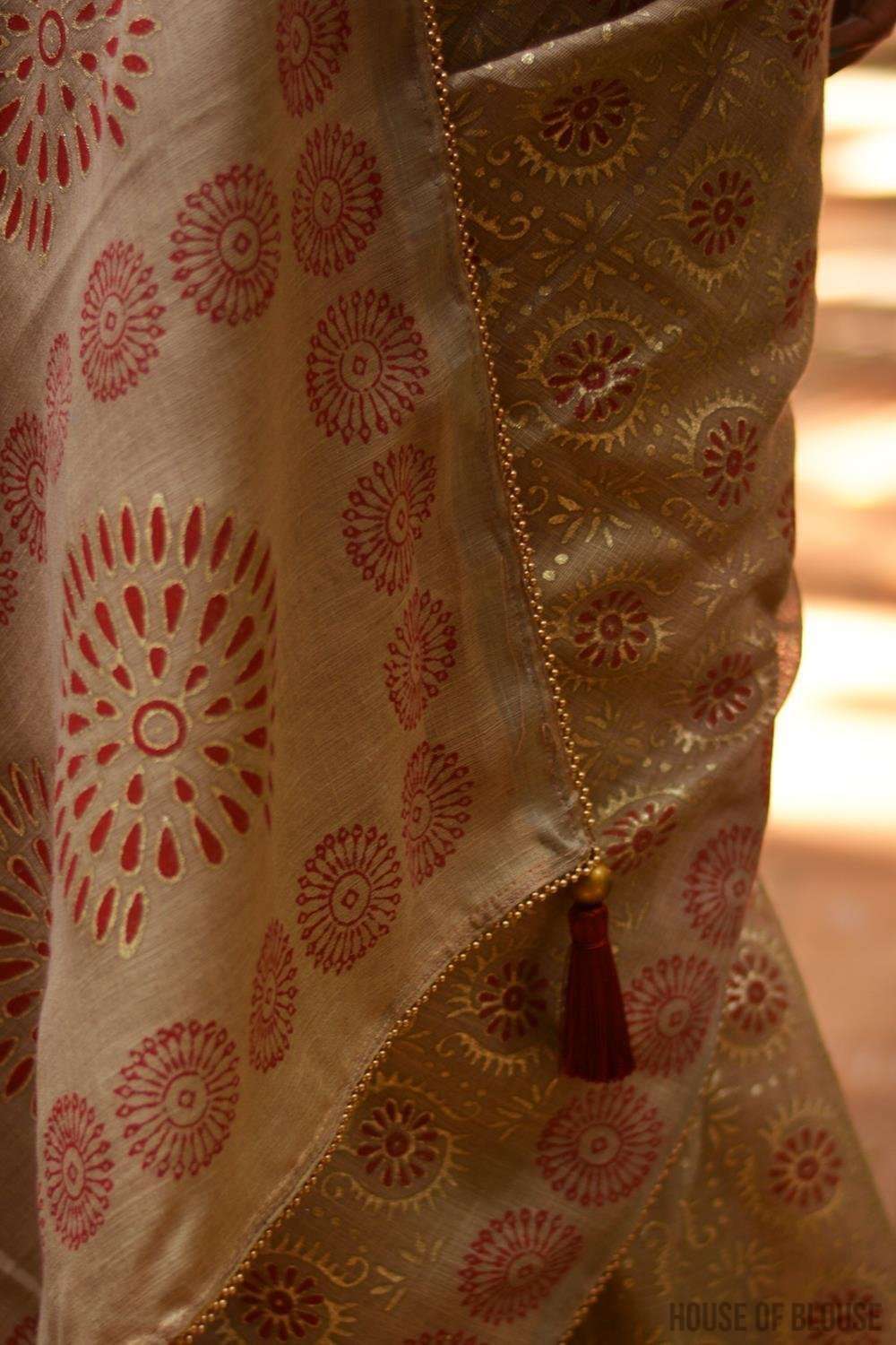 Beige soft linen saree with maroon and gold block print, tissue edging and gold bead edging - House of Blouse