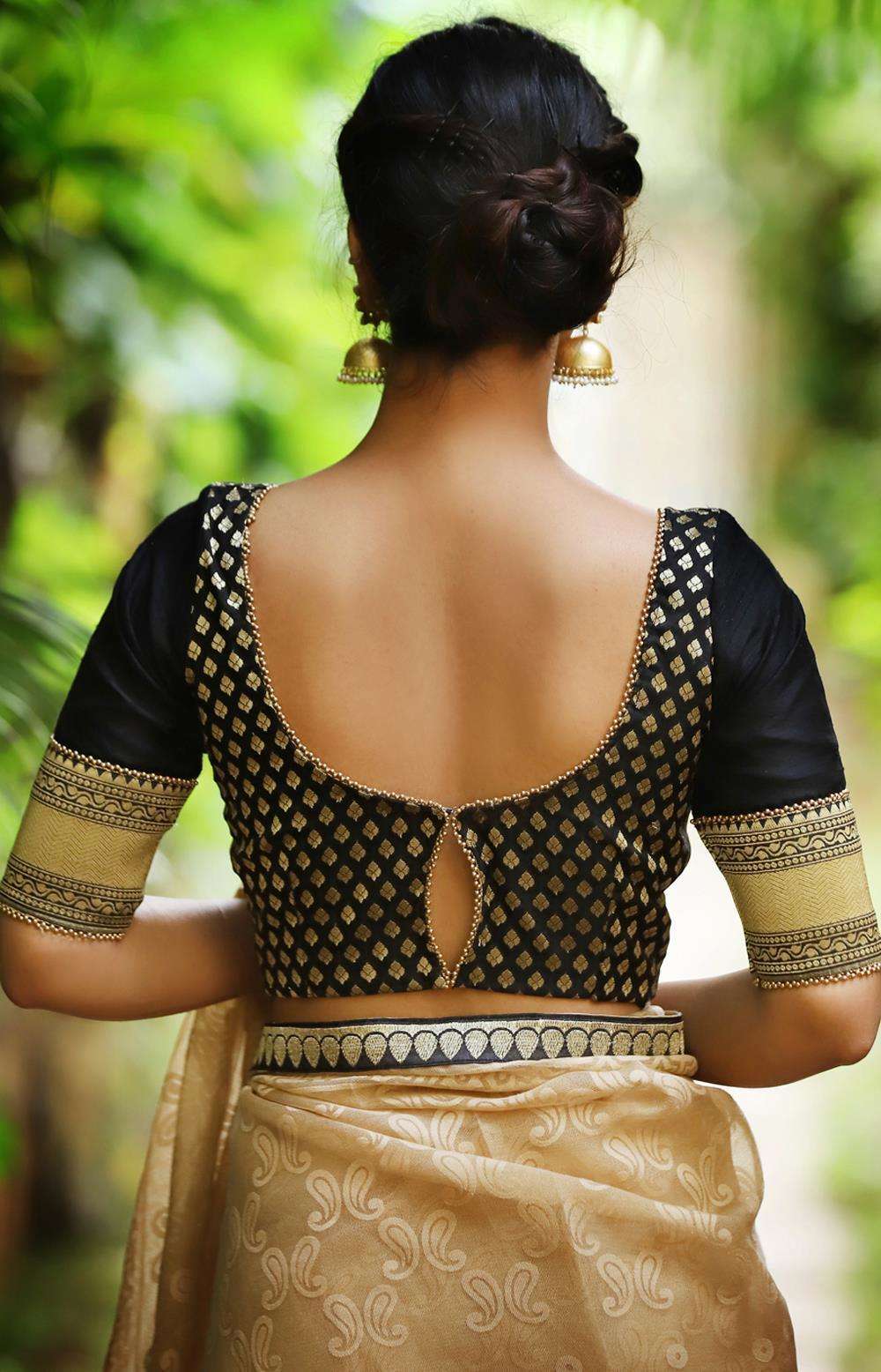 Black and gold brocade blouse with raw silk sleeves and gold bead edging - House of Blouse