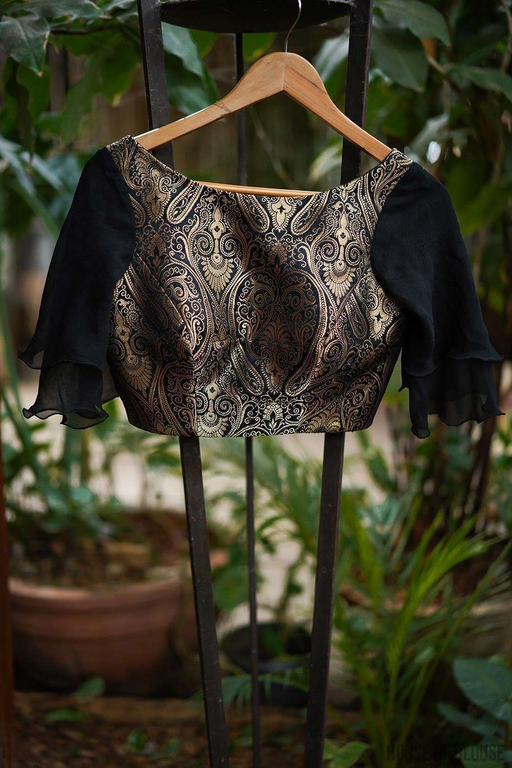 Black and gold brocade boatneck blouse with chiffon bell sleeves - House of Blouse