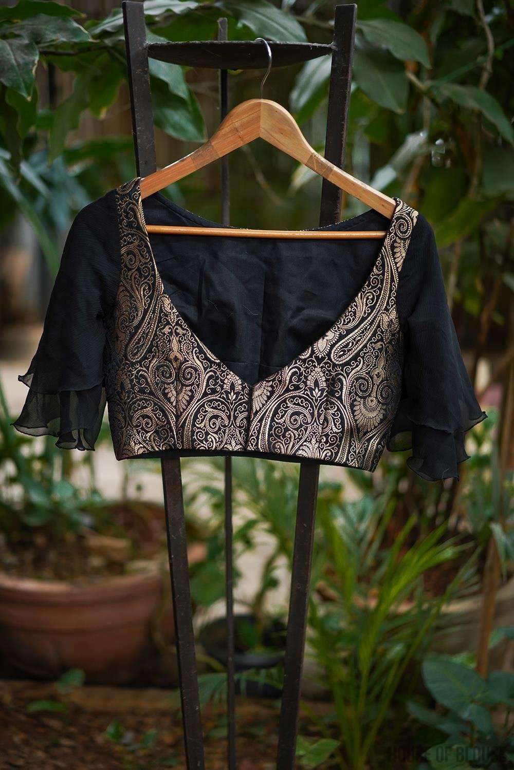 Black and gold brocade boatneck blouse with chiffon bell sleeves - House of Blouse