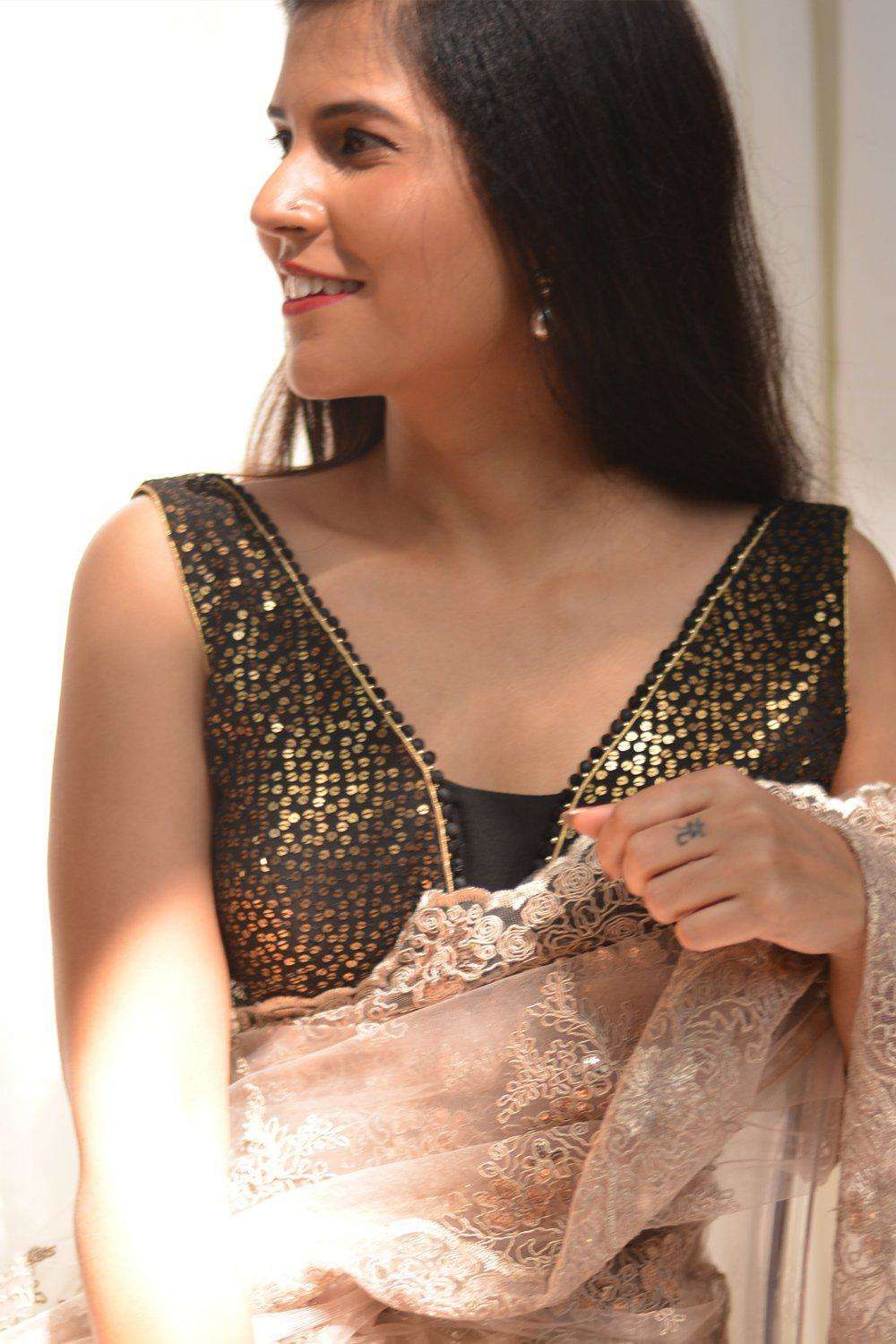Black and gold sequin embroidered georgette V neck blouse with pompom edging - House of Blouse