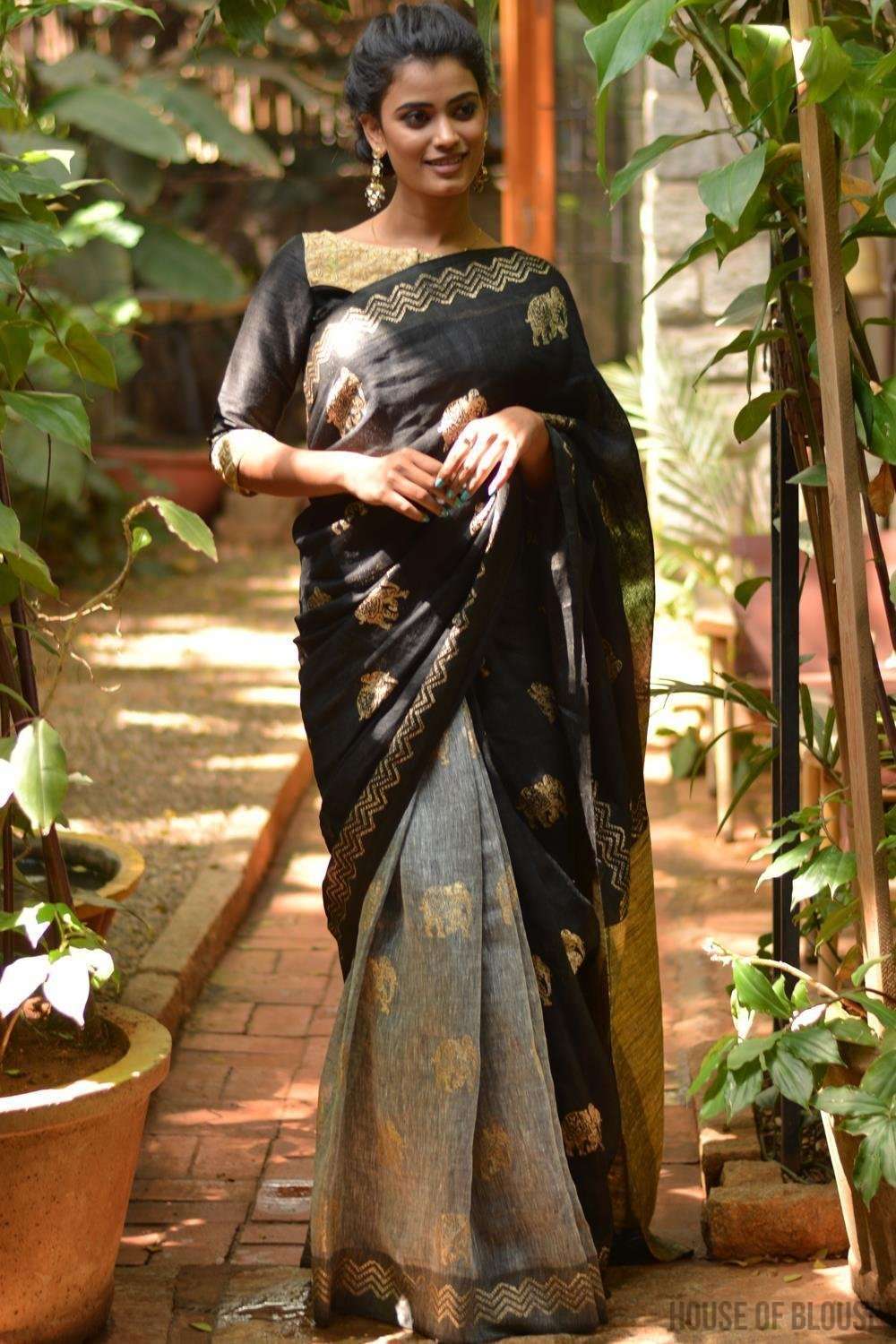 Black and grey half and half linen saree with gold block print and Gitcha pallu - House of Blouse