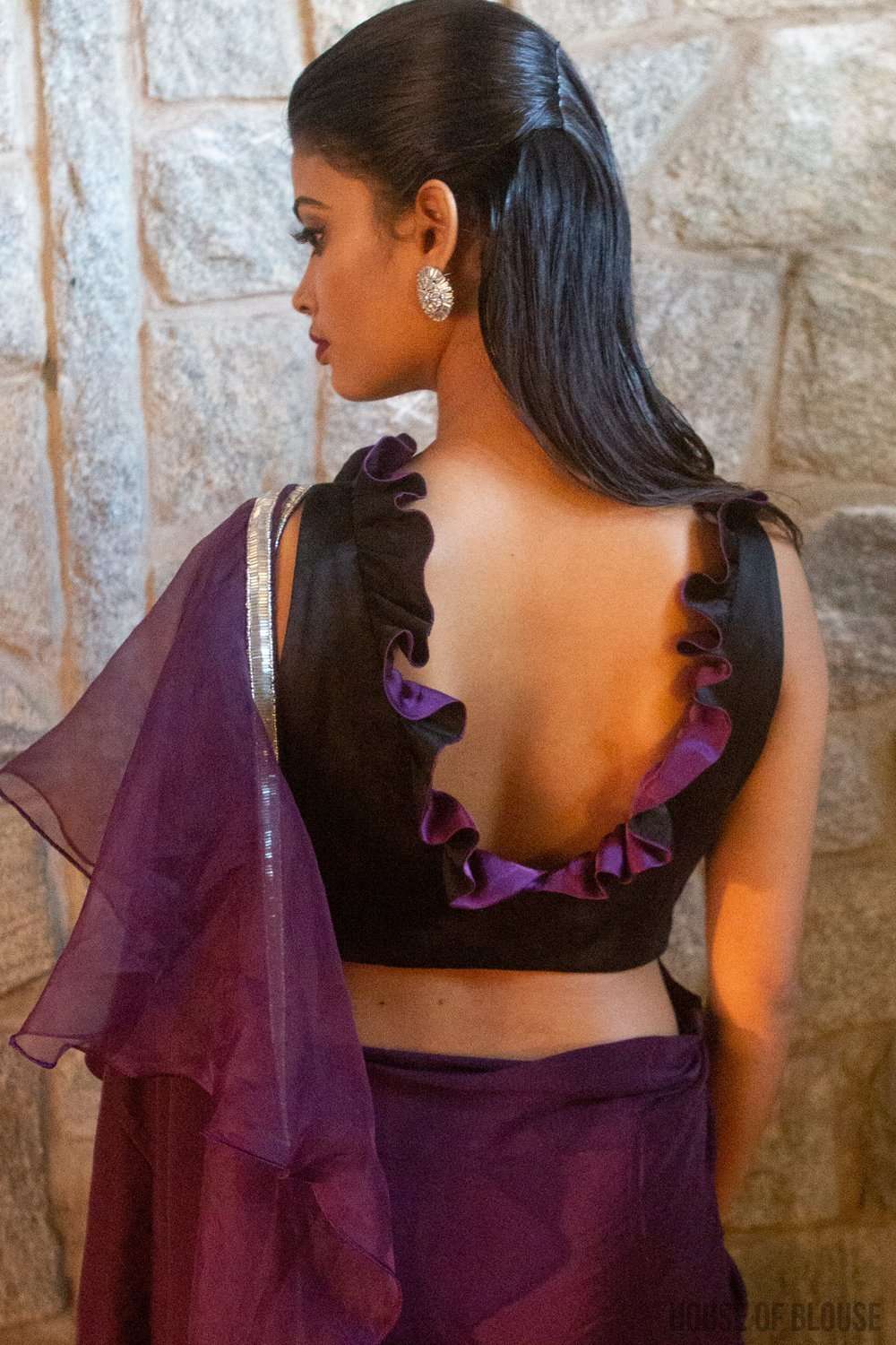 Black-and-purple pure silk satin sleeveless blouse with frill detailing - House of Blouse