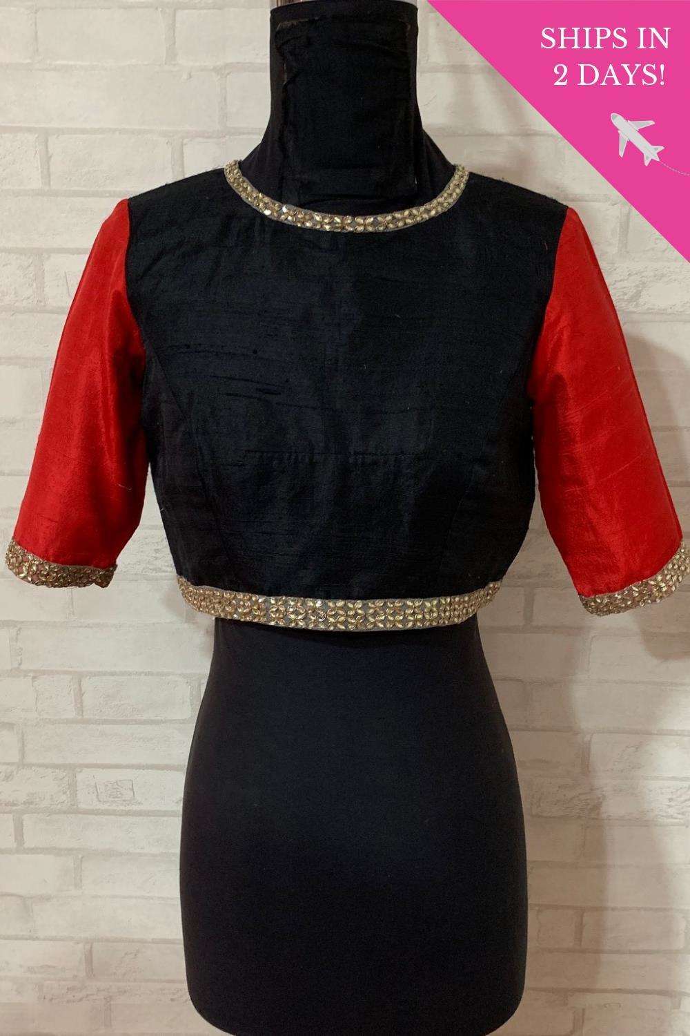 Black and red raw silk blouse with kundan border; Size: 36 - House of Blouse
