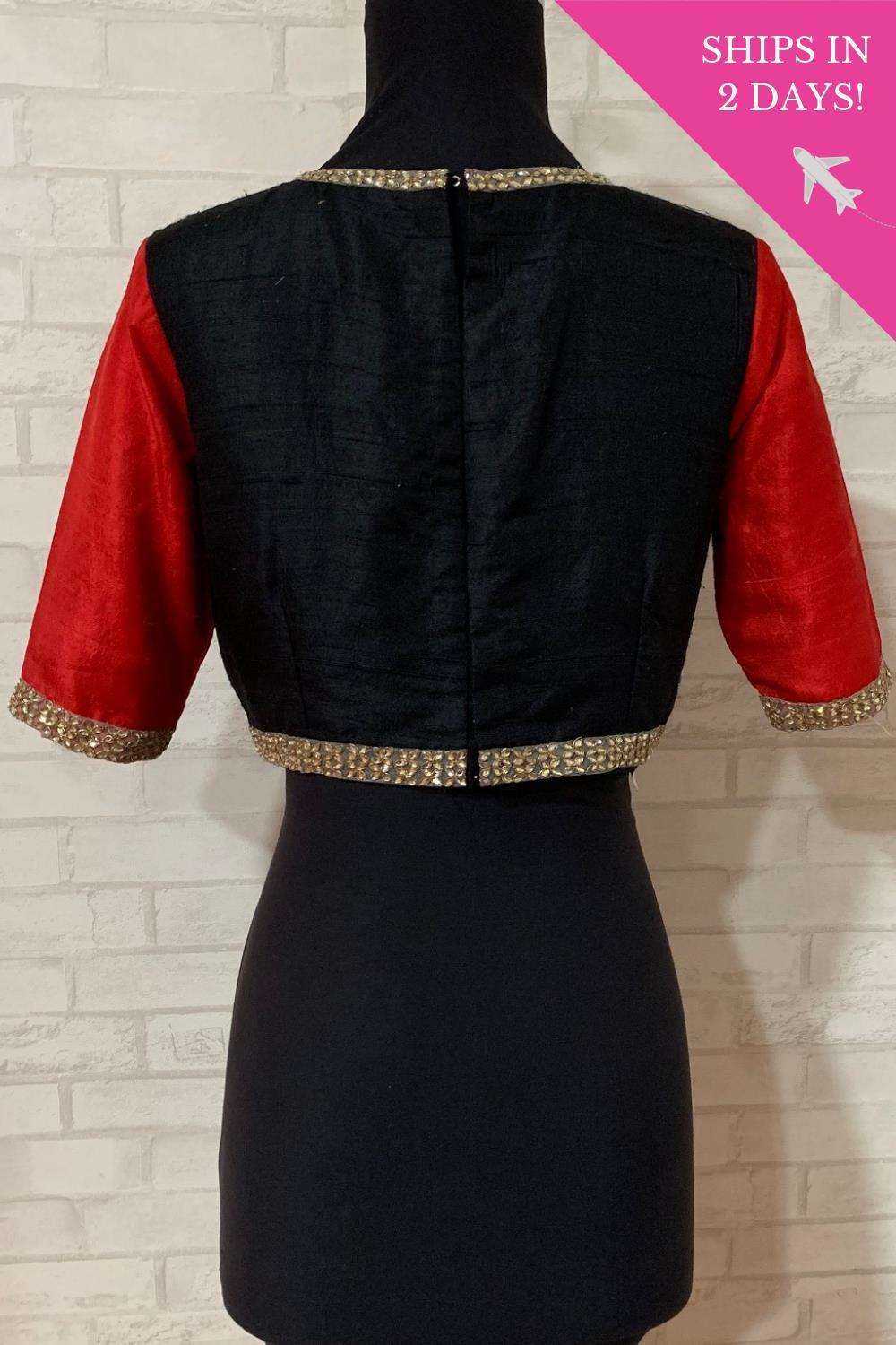 Black and red raw silk blouse with kundan border; Size: 36 - House of Blouse