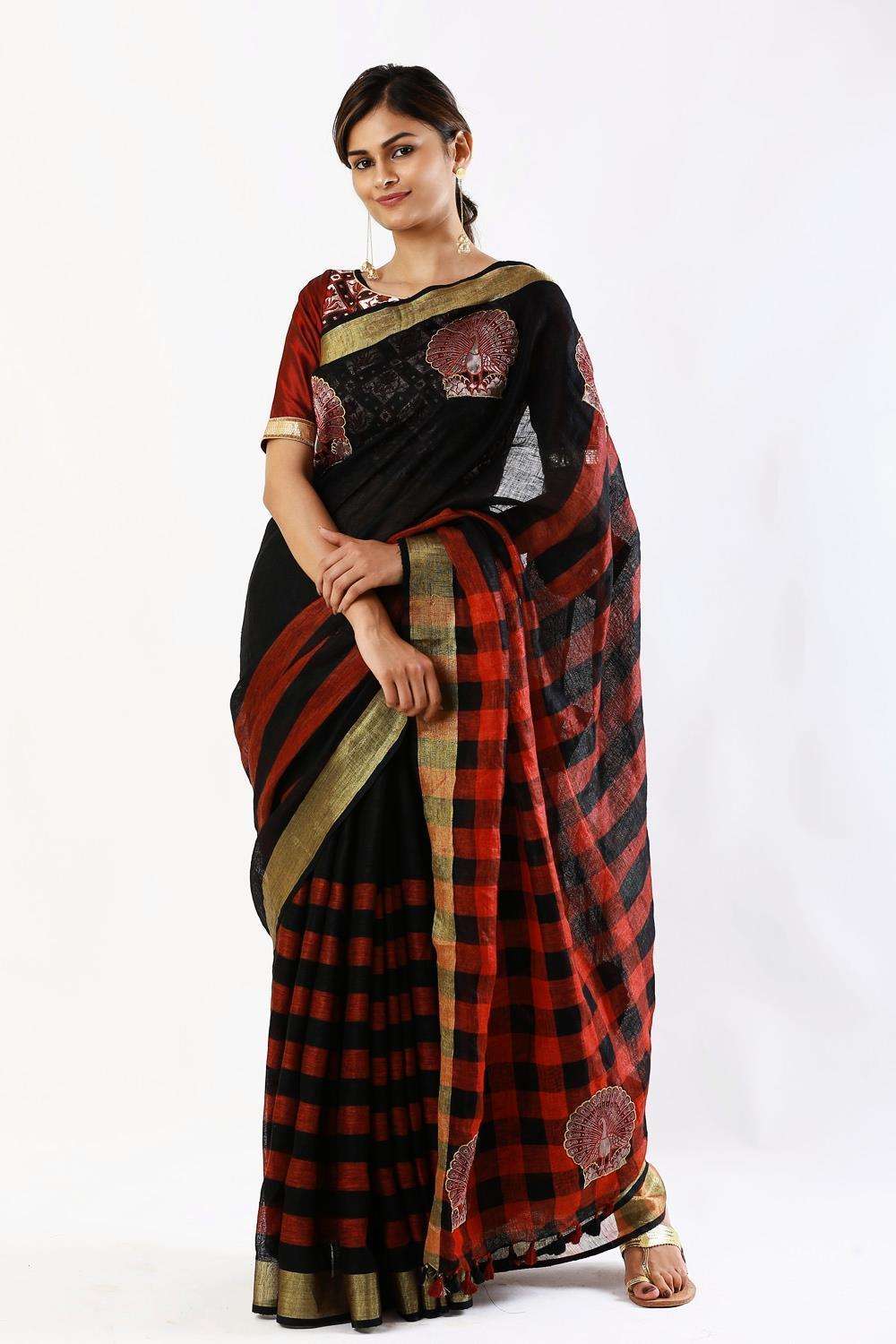 Black and red striped linen saree with peacock appliques - House of Blouse