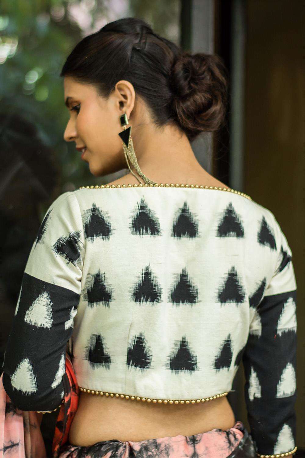 Black and white two fabric Ikat blouse with gold bead detailing - House of Blouse