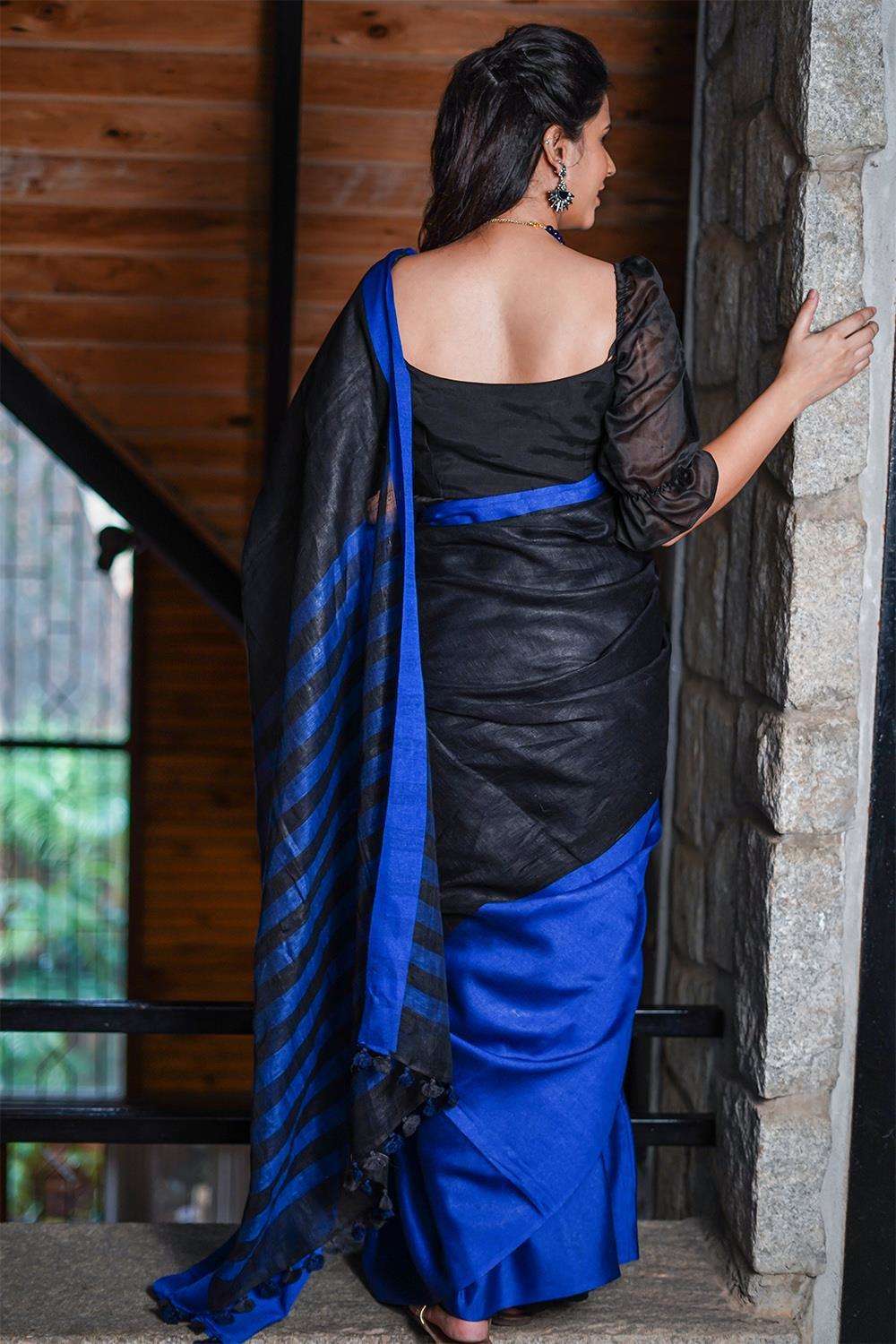 Black handloom linen saree with royal blue border - House of Blouse