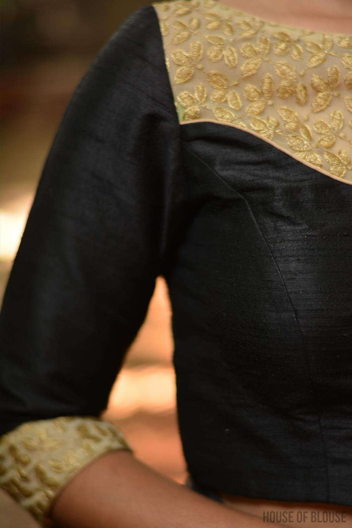 Black raw silk and gold embroidered blouse, with sheer yoke