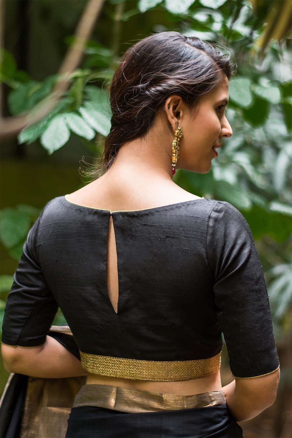 Black raw silk boatneck blouse with gold sequin border - House of Blouse