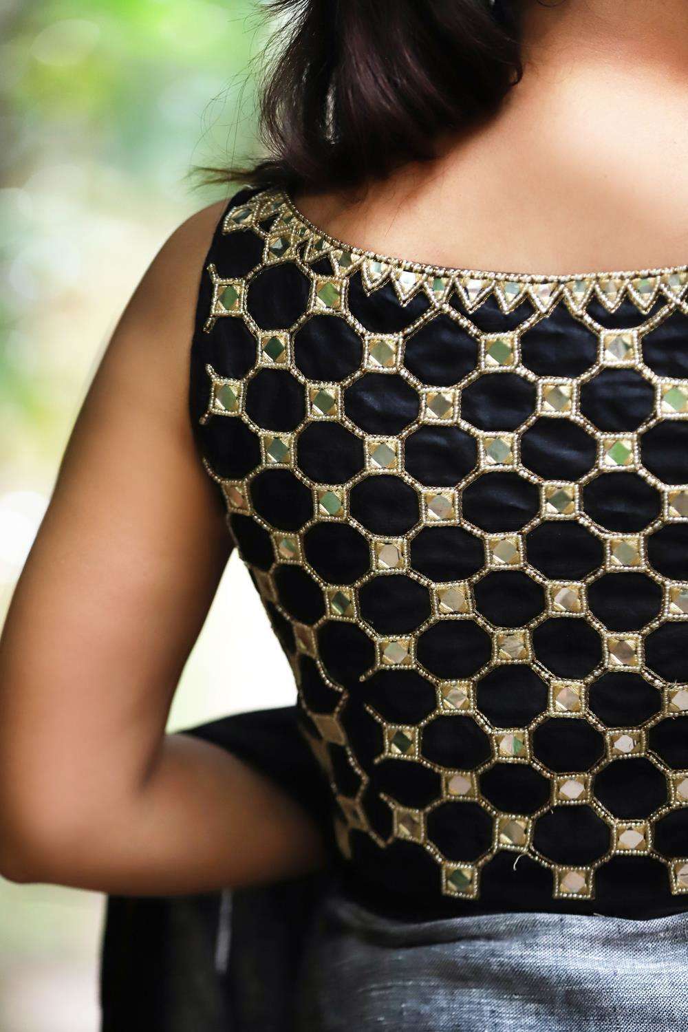 Black raw silk boatneck sleevless blouse with rich mirror and bead embroidery - House of Blouse